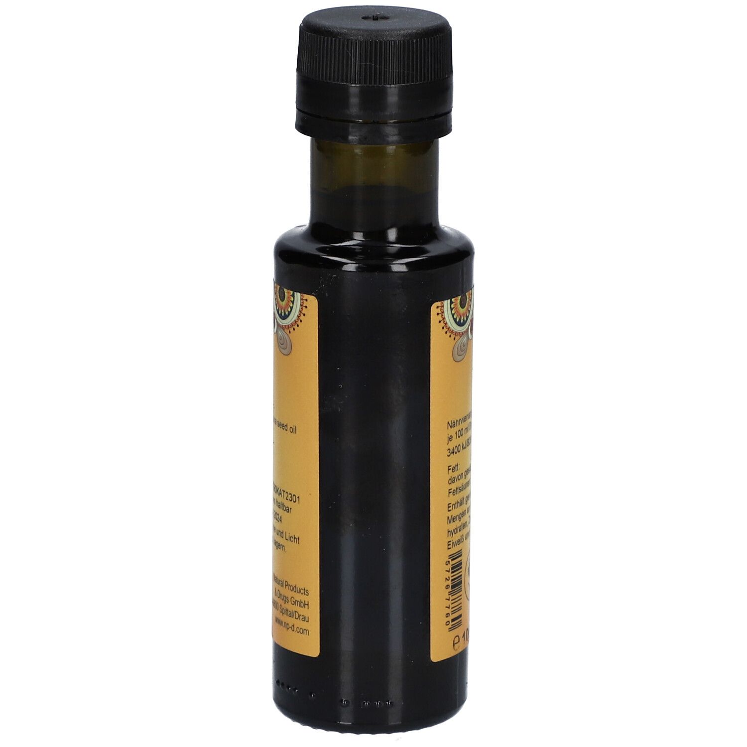 Braunglasflasche. Etikett mit Nährwertangaben, PRIMABENE, Traubenkernöl Premium Bio, Vegan-Siegel.
