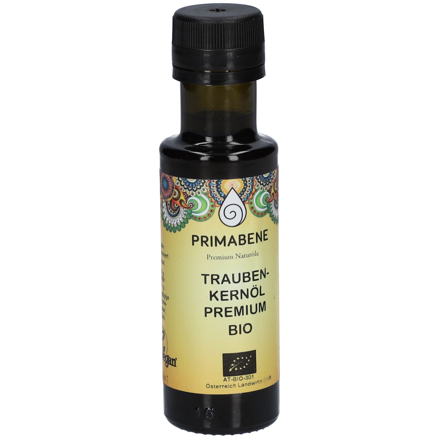 Braunglasflasche mit schwarzem Deckel. Etikett mit PRIMABENE, Traubenkernöl Premium Bio, Bio-Siegel.