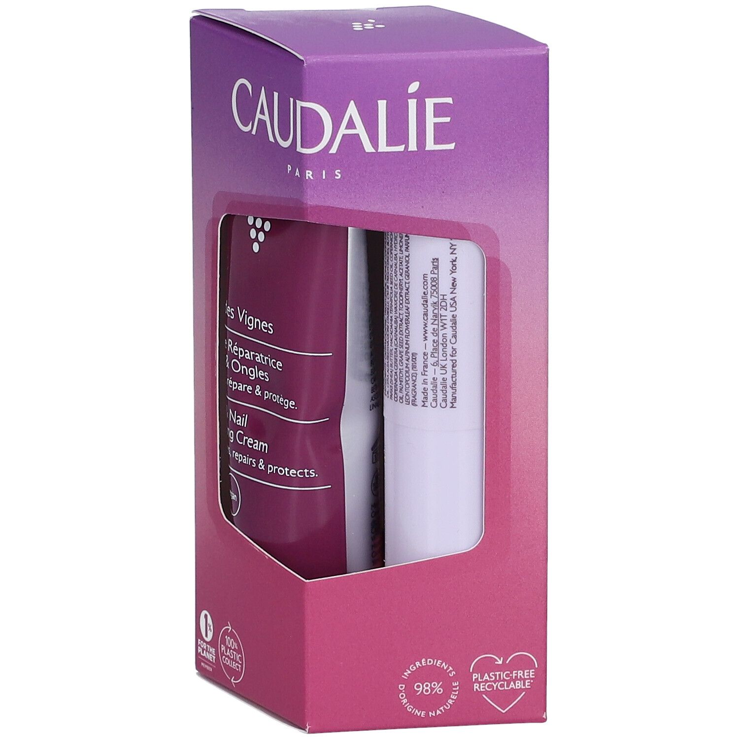 Verpackung mit zwei Produkten. Eine Tube Nagelfußcreme und ein Lippenbalsam. Marke CAUDALIE. Verpackung aus recycelbaren Materialien.