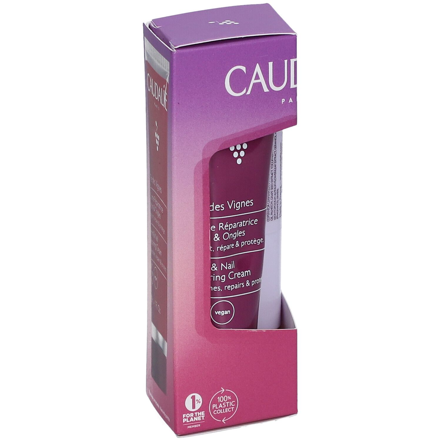 CAUDALIE Nagelfußcreme in einer Verpackung. Tube mit Aufschrift 'Crème Réparatrice Mains & Ongles'. Vegan.