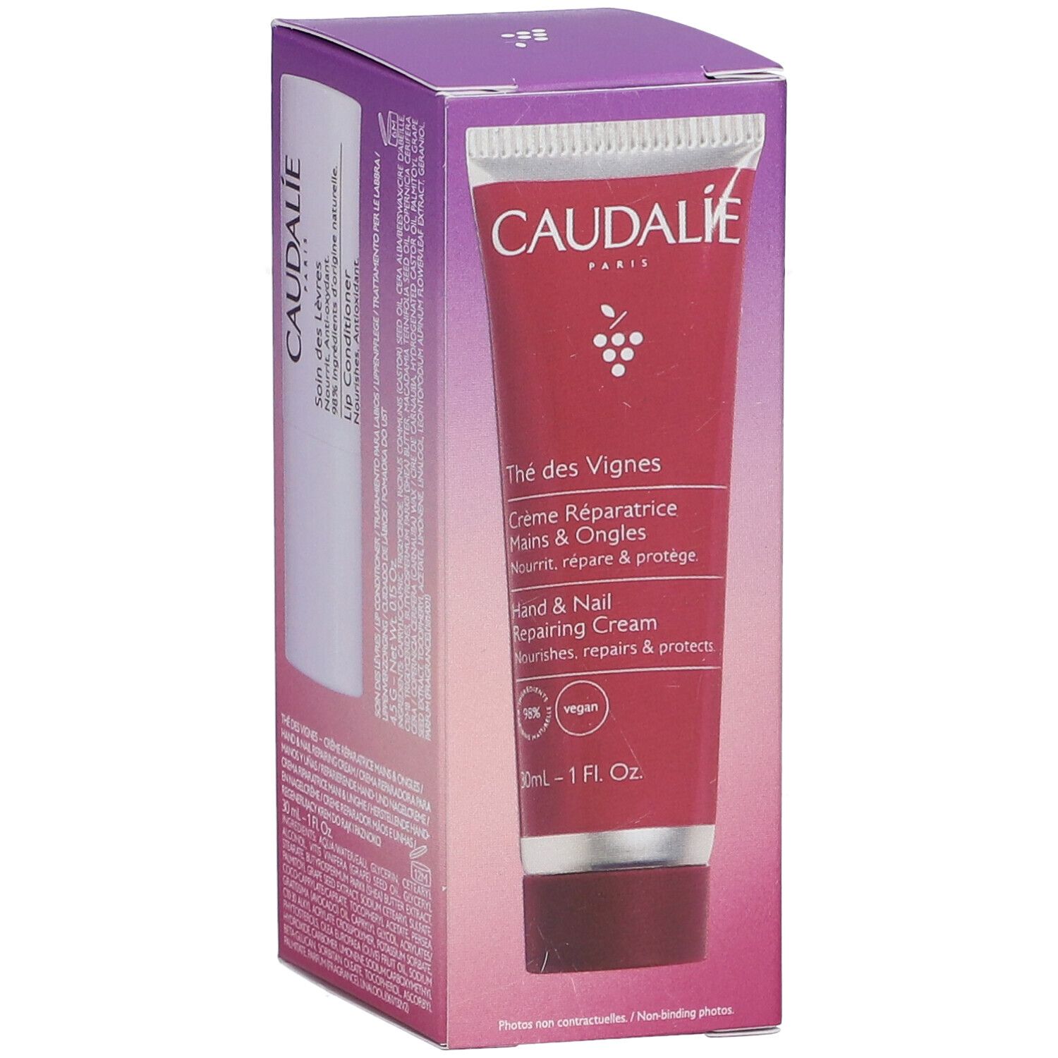 CAUDALIE Hand- und Nagelcreme in einer Tube. Aufschrift 'Thé des Vignes'. 30ml. Vegan.