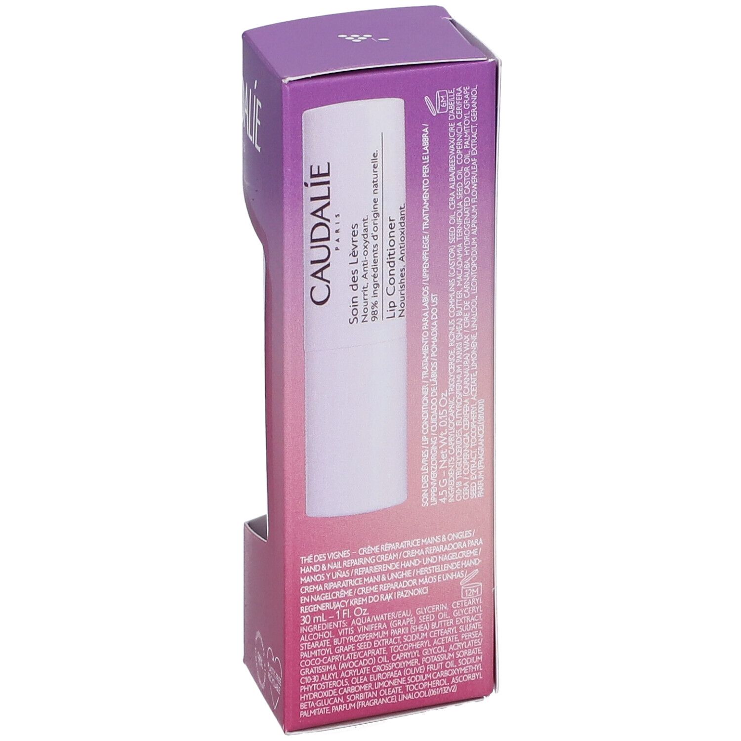 CAUDALIE Lippenbalsam in einer Verpackung. Aufschrift 'Soin des Lèvres'. 98% Inhaltsstoffe natürlichen Ursprungs.