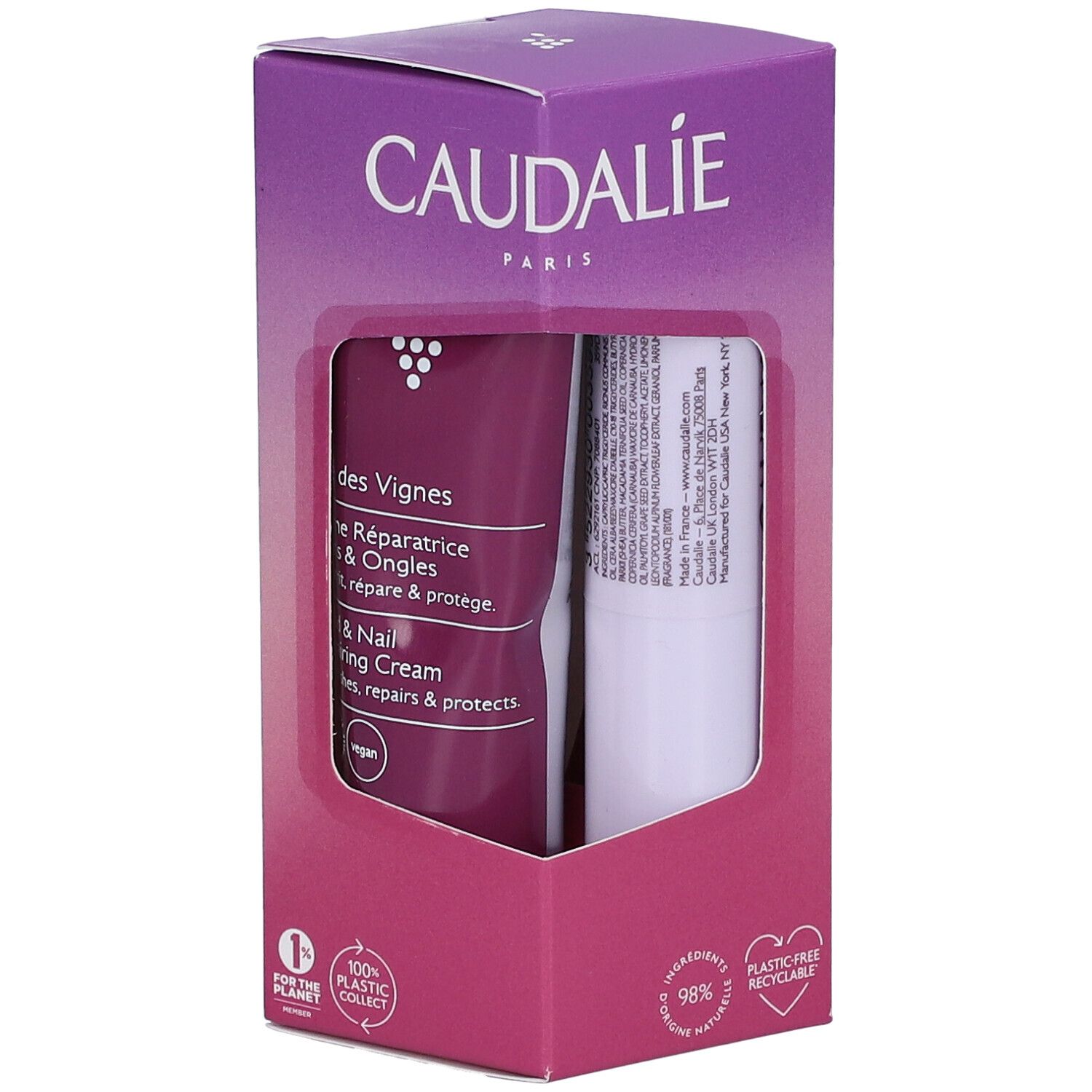 Verpackung mit zwei Produkten. Eine Tube Nagelfußcreme und ein Lippenbalsam. Marke CAUDALIE. Verpackung aus recycelbaren Materialien.