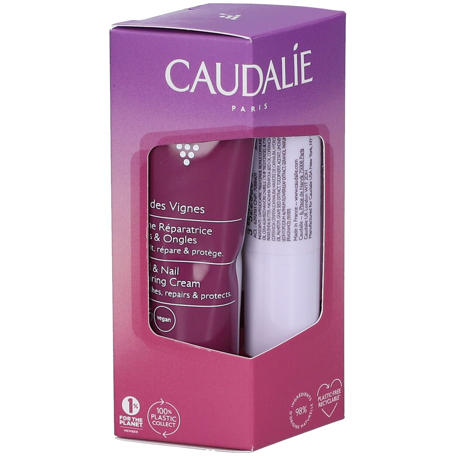 Verpackung mit zwei Produkten. Eine Tube Nagelfußcreme und ein Lippenbalsam. Marke CAUDALIE. Verpackung aus recycelbaren Materialien.