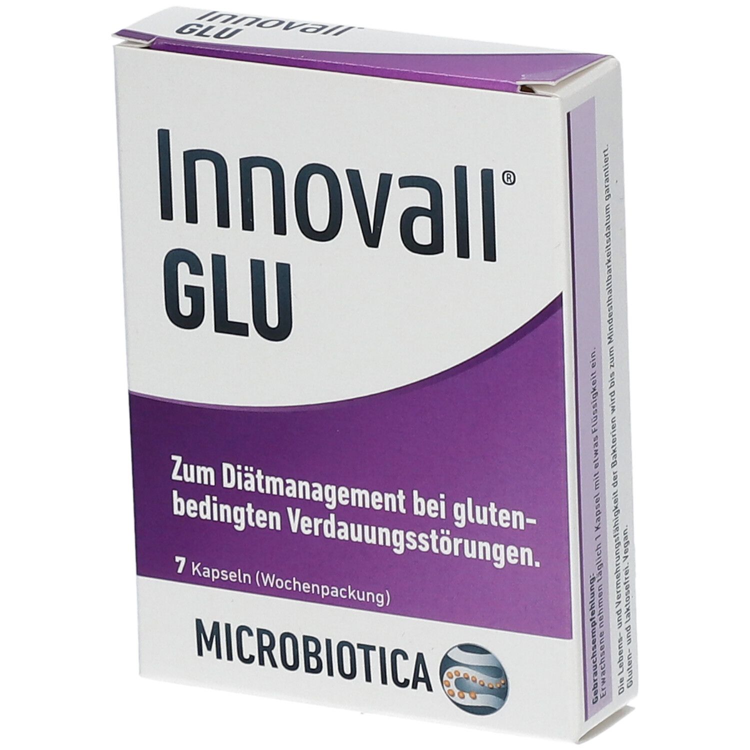 Schachtel mit Innovall GLU. Lila und weiße Verpackung. Text: 7 Kapseln, MICROBIOTICA.
