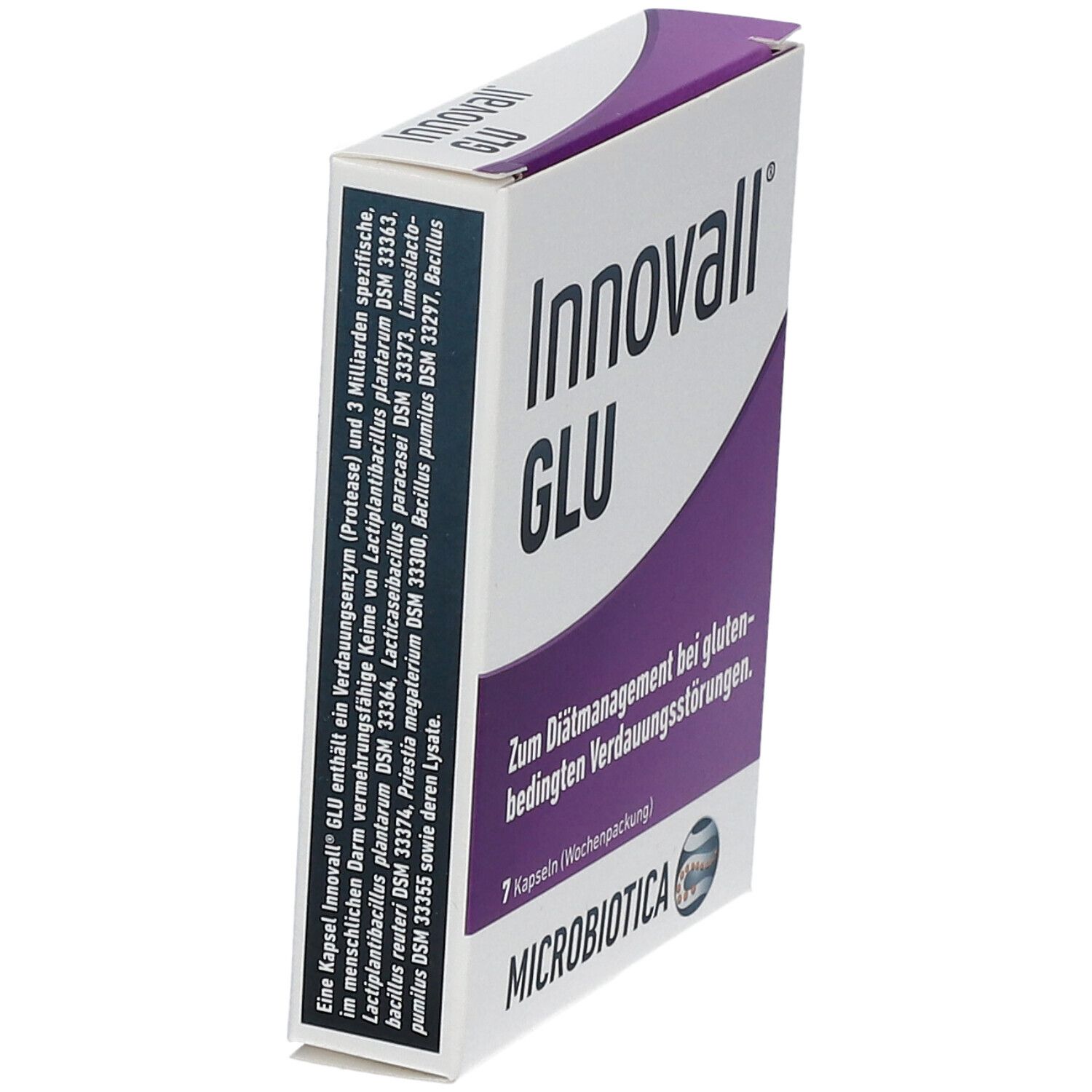 Schachtel Innovall GLU, schräg. Lila und weiße Verpackung. Text: 7 Kapseln, MICROBIOTICA.