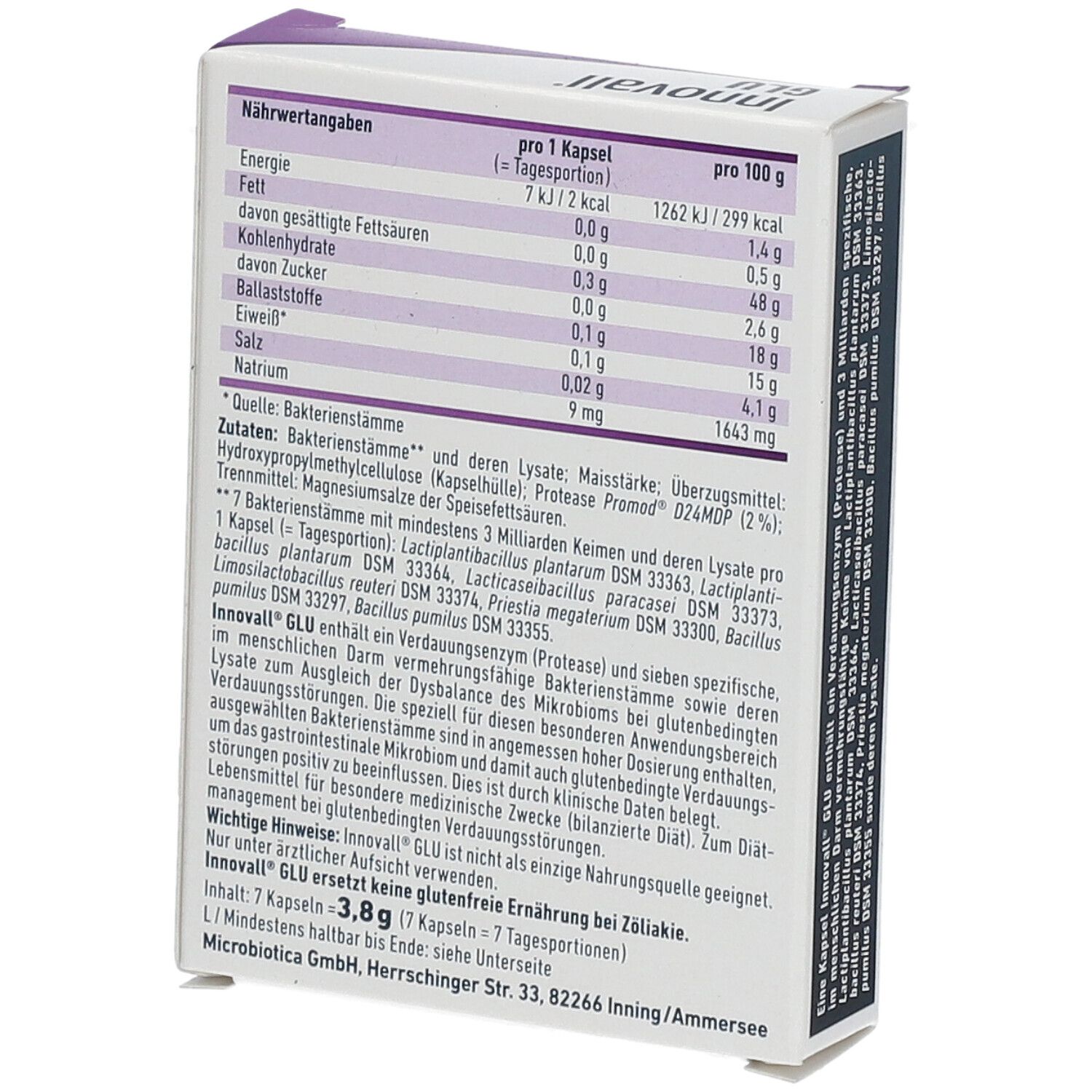 Rückseite der Innovall GLU-Schachtel. Text mit Nährwertangaben und Inhaltsstoffen. MICROBIOTICA.