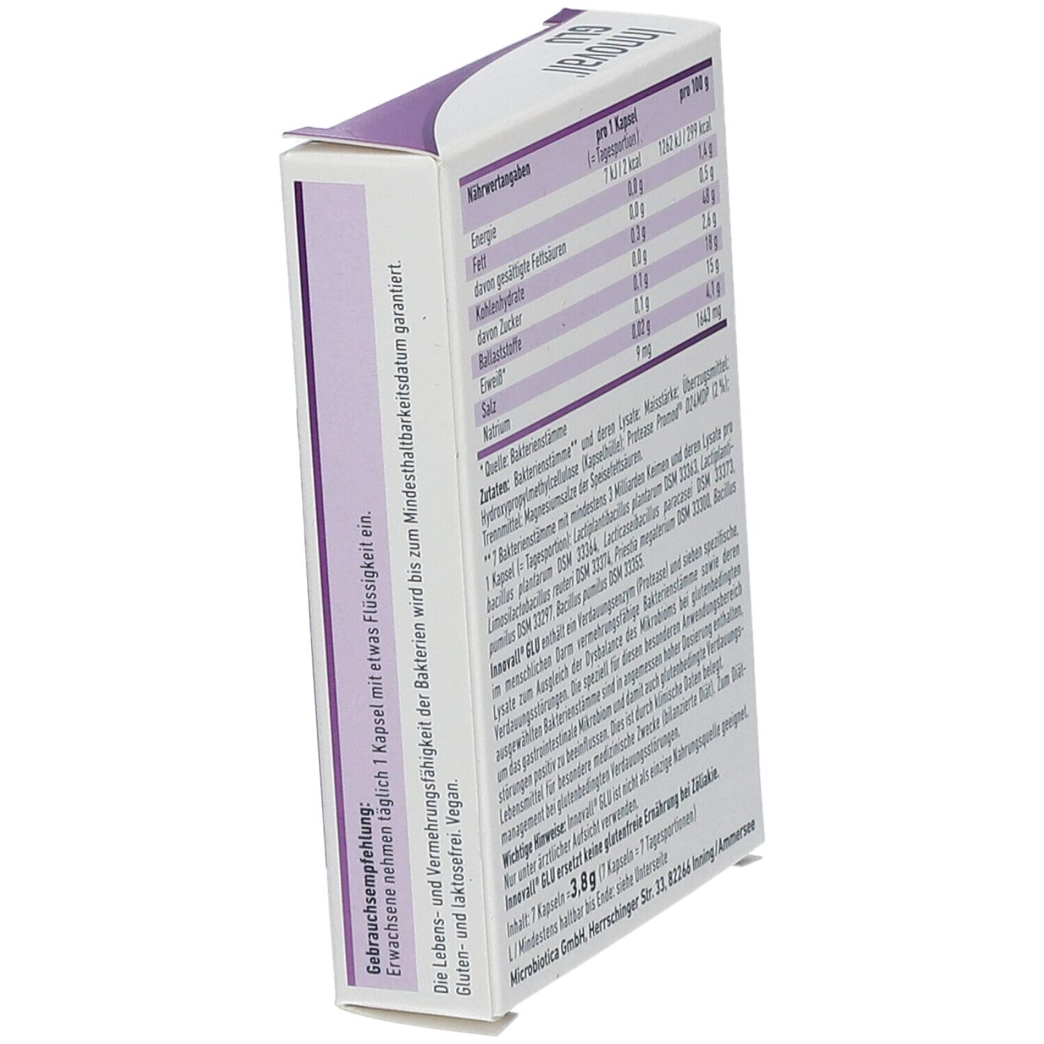 Schachtel Innovall GLU, schräg. Rückseite mit Nährwertangaben. MICROBIOTICA.