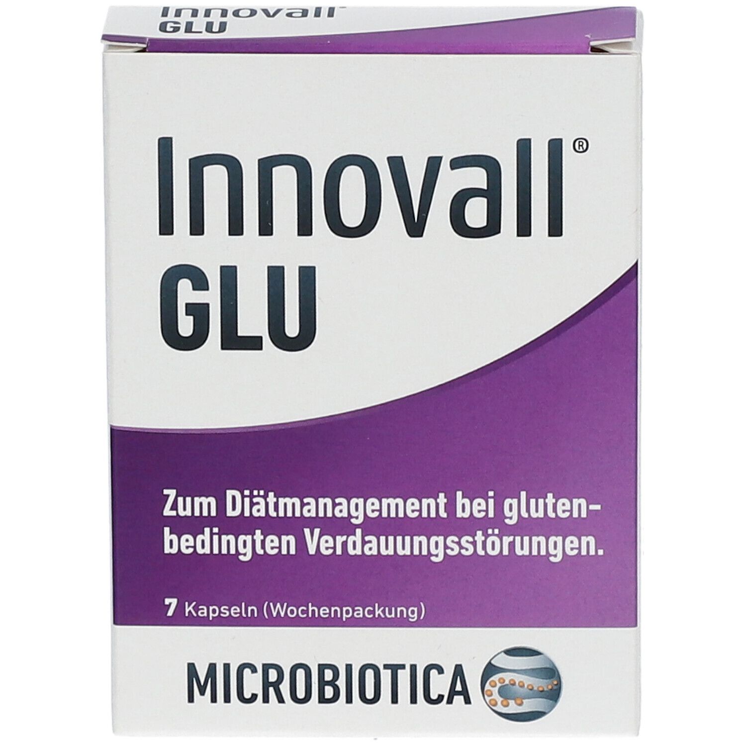 Innovall GLU-Schachtel. Lila und weiße Verpackung. Text: 7 Kapseln, MICROBIOTICA.