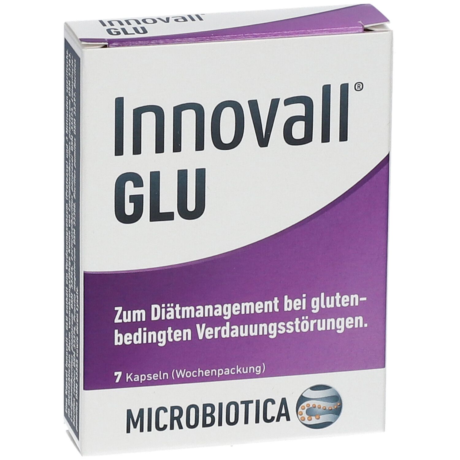 Innovall GLU-Schachtel. Lila und weiße Verpackung. Text: 7 Kapseln, MICROBIOTICA.