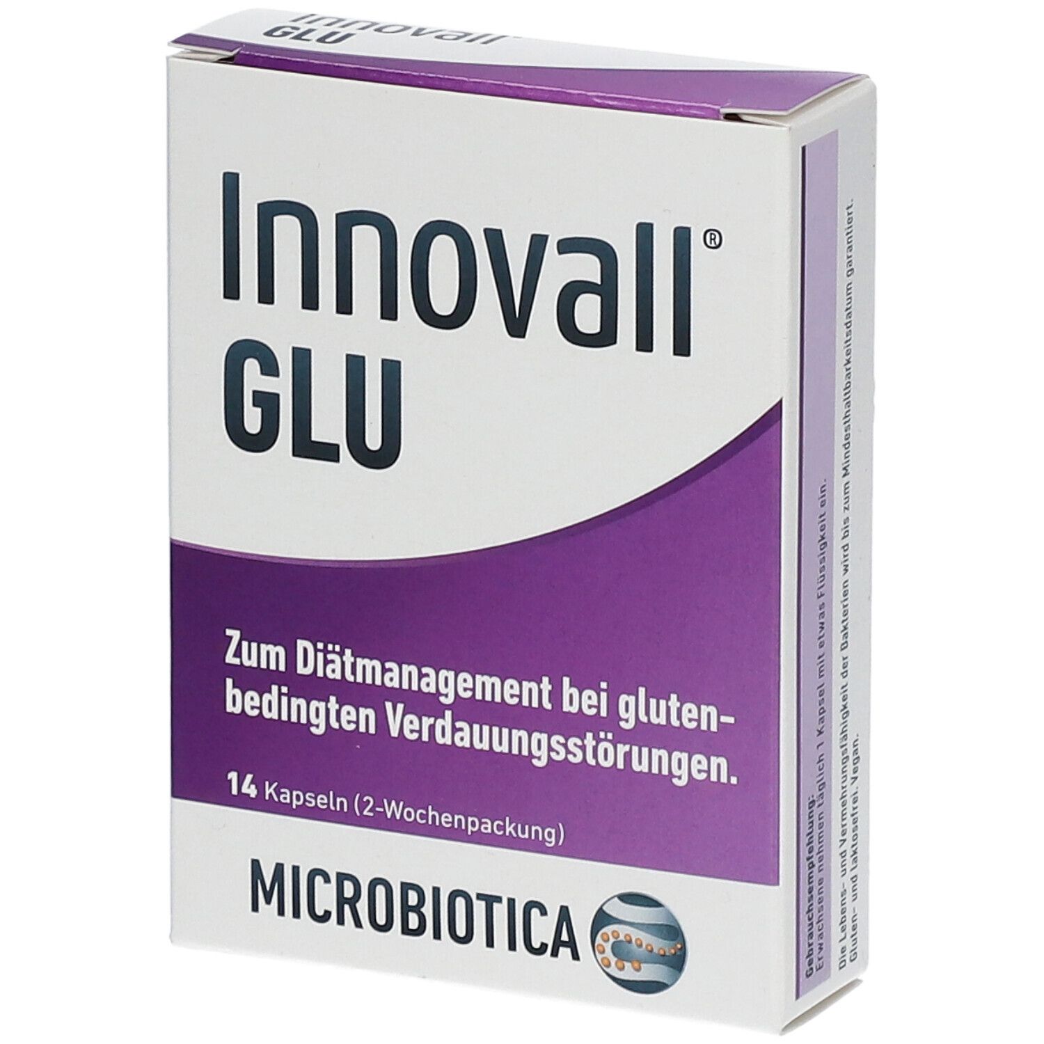 Weiße Schachtel mit lila Akzenten. Aufschrift: Innovall GLU. Text: Zum Diätmanagement bei glutenbedingten Verdauungsstörungen. 14 Kapseln.