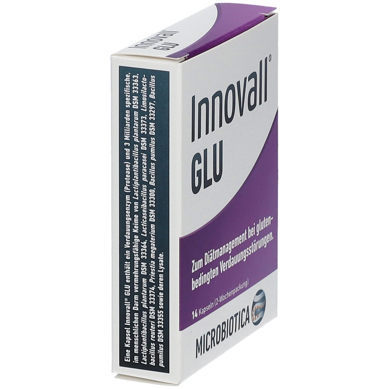 Schachtel mit lila Akzenten. Aufschrift: Innovall GLU. Text: Zum Diätmanagement bei glutenbedingten Verdauungsstörungen. 14 Kapseln. Detailansicht.