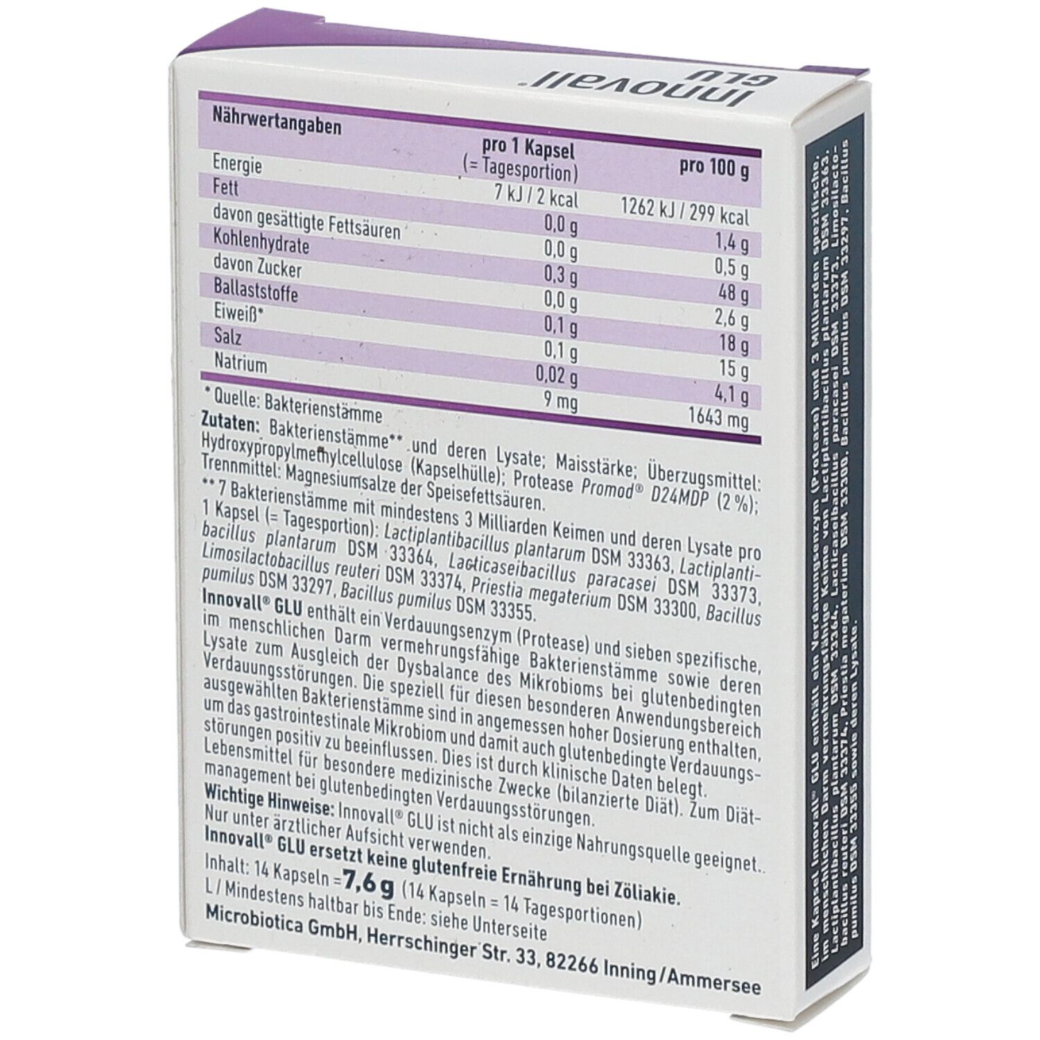 Weiße Schachtel mit lila Akzenten. Aufschrift: Innovall GLU. Nährwertangaben und Inhaltsstoffe. Text: 14 Kapseln. Mikrobiotica Logo.