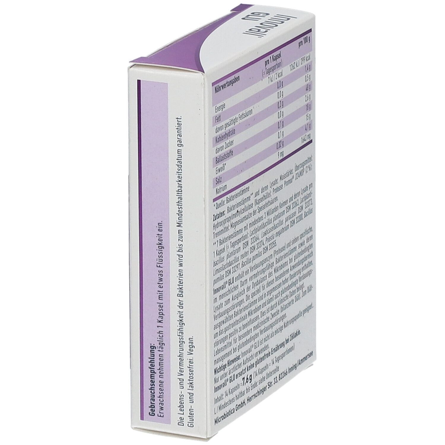 Weiße Schachtel mit lila Akzenten. Aufschrift: Innovall GLU. Text: Gebrauchsempfehlung. Gluten- und laktosefrei. Mindesthaltbarkeitsdatum.