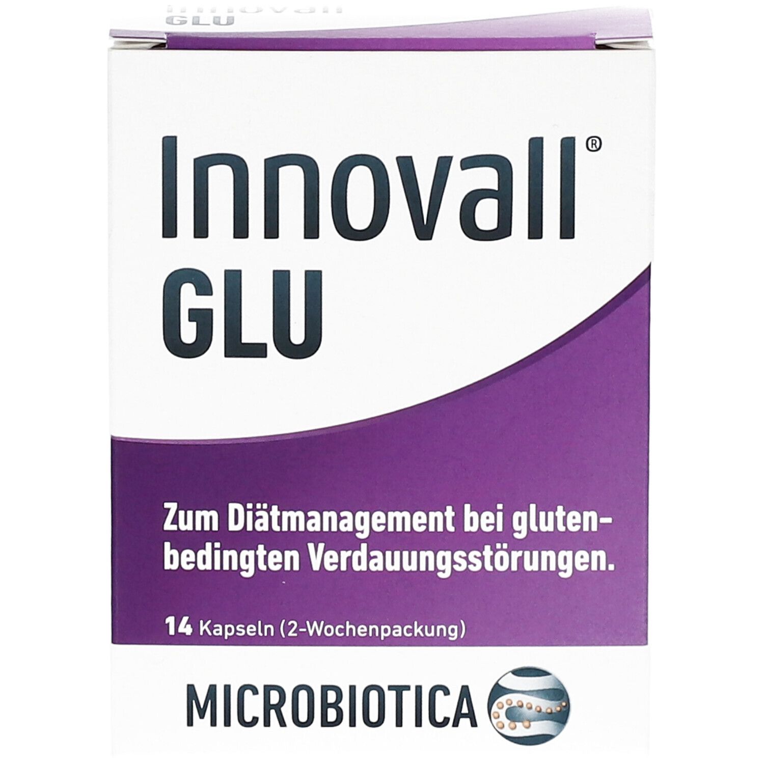 Weiße Schachtel mit lila Akzenten. Aufschrift: Innovall GLU. Text: Zum Diätmanagement bei glutenbedingten Verdauungsstörungen. 14 Kapseln.