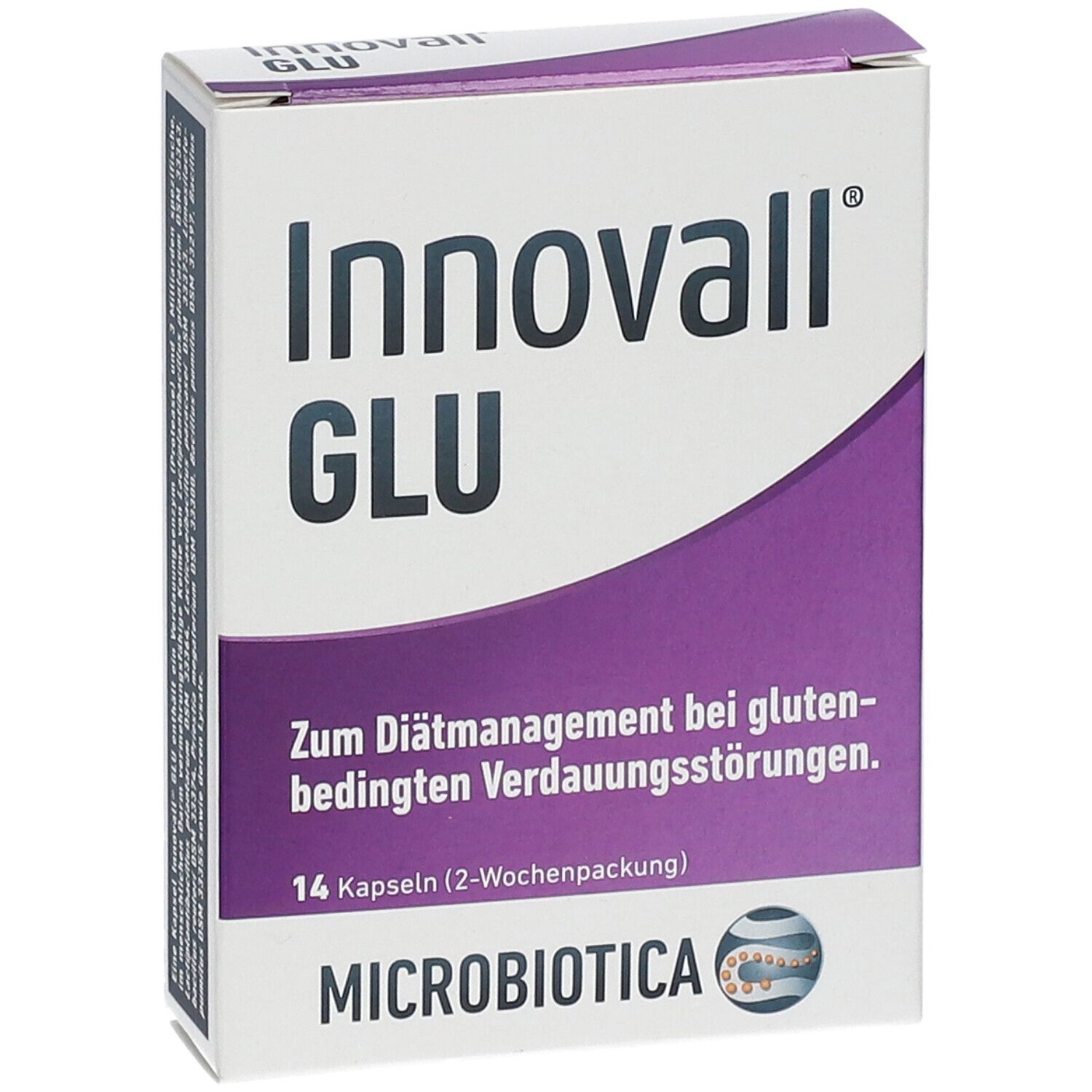 Weiße Schachtel mit lila Akzenten. Aufschrift: Innovall GLU. Text: Zum Diätmanagement bei glutenbedingten Verdauungsstörungen. 14 Kapseln.