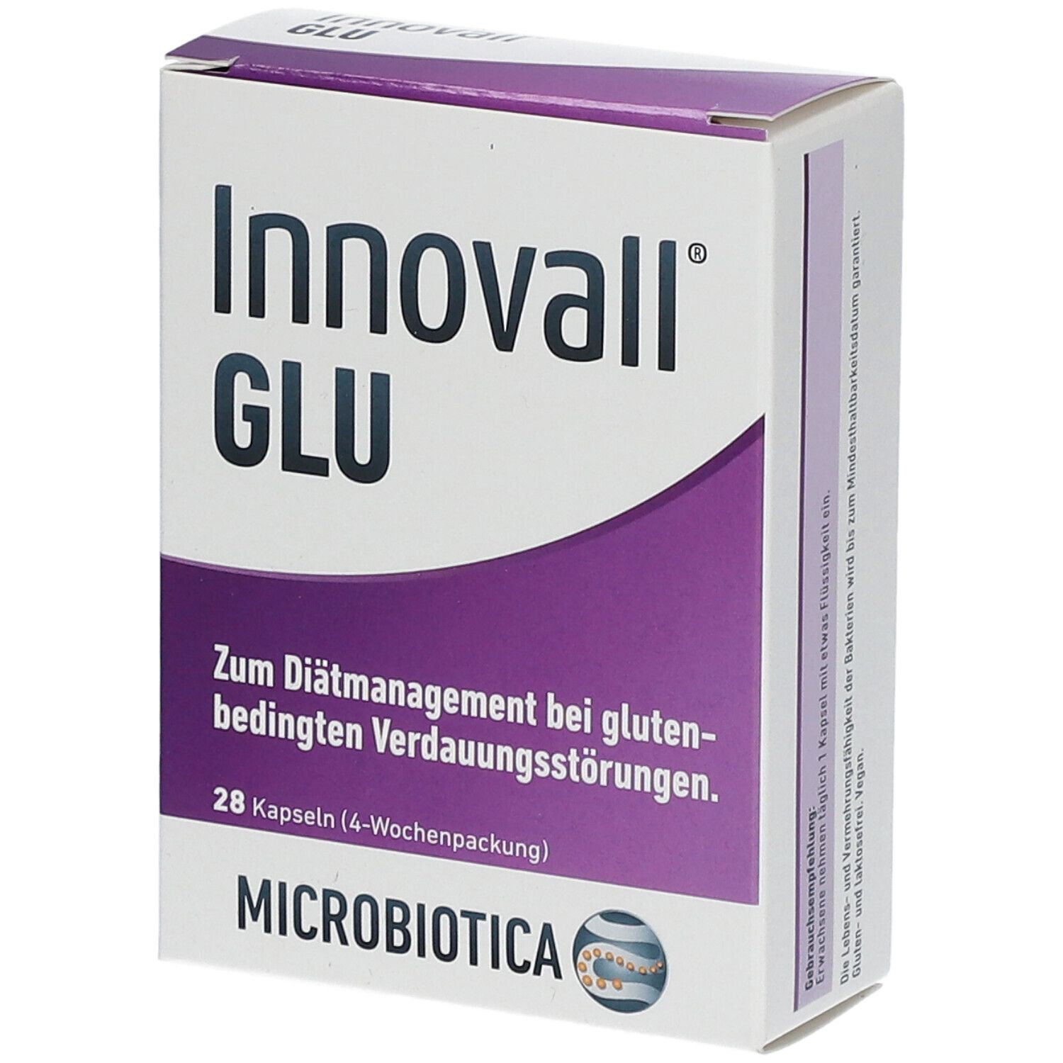 Weiße Schachtel mit lila Akzenten. Aufschrift: Innovall GLU, MICROBIOTICA. Text: Zum Diätmanagement bei glutenbedingten Verdauungsstörungen. 28 Kapseln.