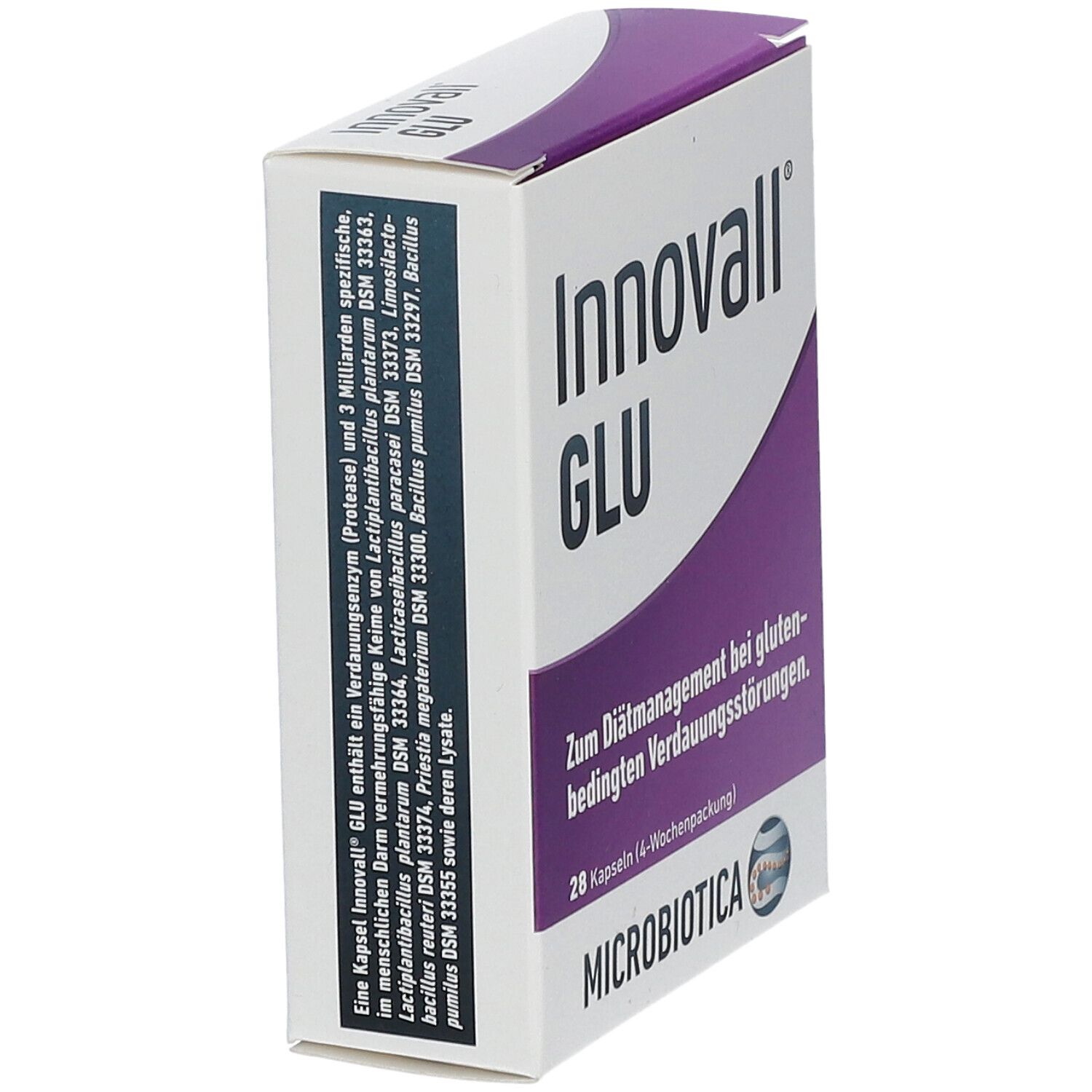 Schachtel mit lila Akzenten. Aufschrift: Innovall GLU. Text: Zum Diätmanagement bei glutenbedingten Verdauungsstörungen. 28 Kapseln. MICROBIOTICA.