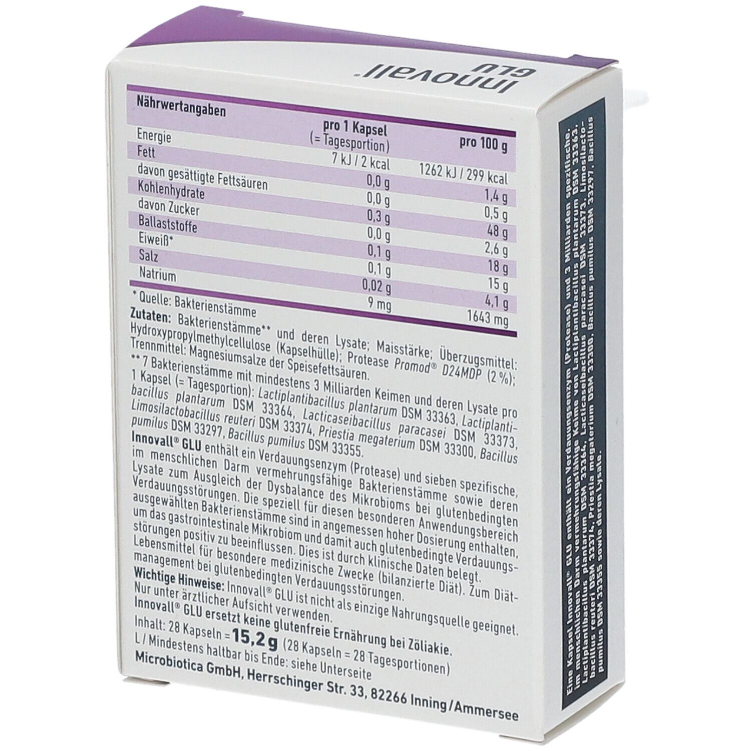 Rückseite der Schachtel. Enthält Nährwertangaben und Inhaltsstoffe. Text: Innovall GLU, 28 Kapseln. MICROBIOTICA. Informationen zu Bakterienstämmen und Inhaltsstoffen.