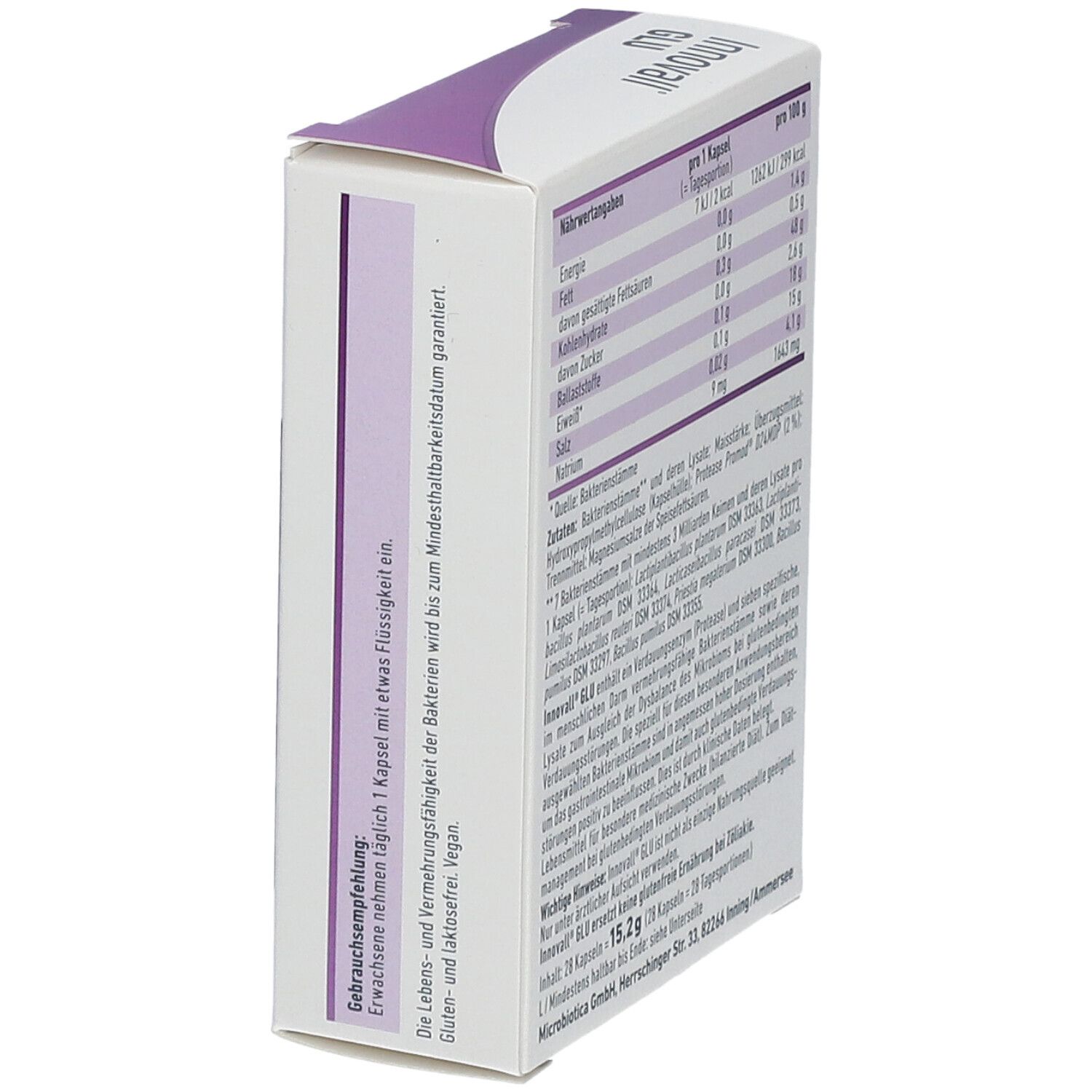 Schachtel mit Nährwertangaben und Inhaltsstoffen. Text: Innovall GLU, 28 Kapseln. MICROBIOTICA. Gebrauchsempfehlung: Täglich 1 Kapsel. Gluten- und laktosefrei.