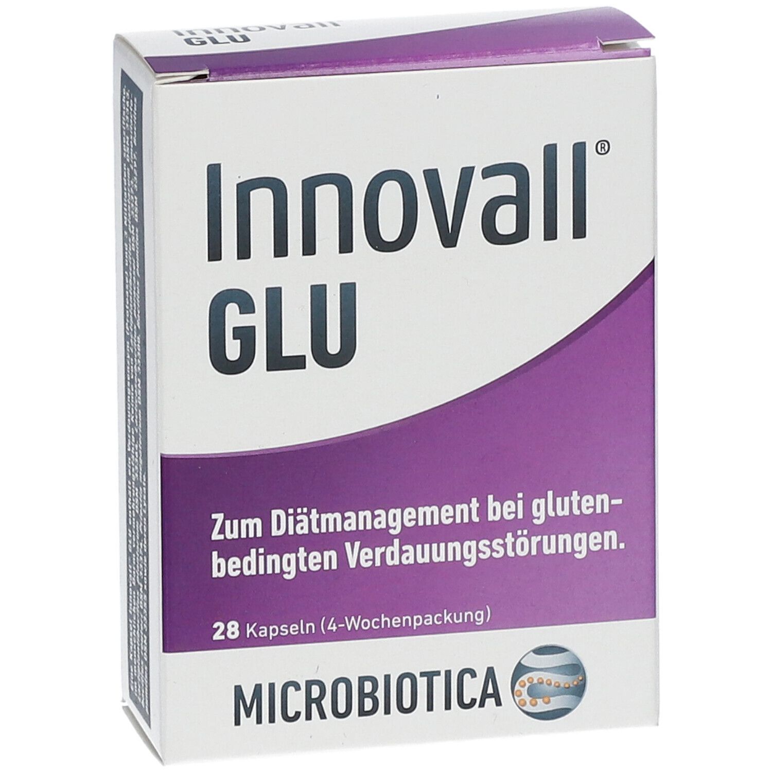 Weiße Schachtel mit lila Akzenten. Aufschrift: Innovall GLU, MICROBIOTICA. Text: Zum Diätmanagement bei glutenbedingten Verdauungsstörungen. 28 Kapseln.
