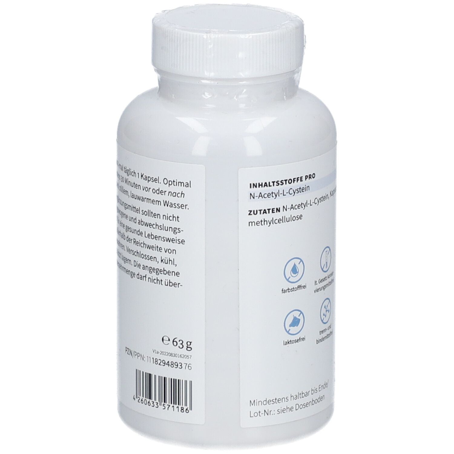 Weiße Flasche mit NAC 600-Kapseln. Rückseite mit Inhaltsstoffen, Gewicht e63g, PZN und Barcode. Mindestens haltbar bis Ende...