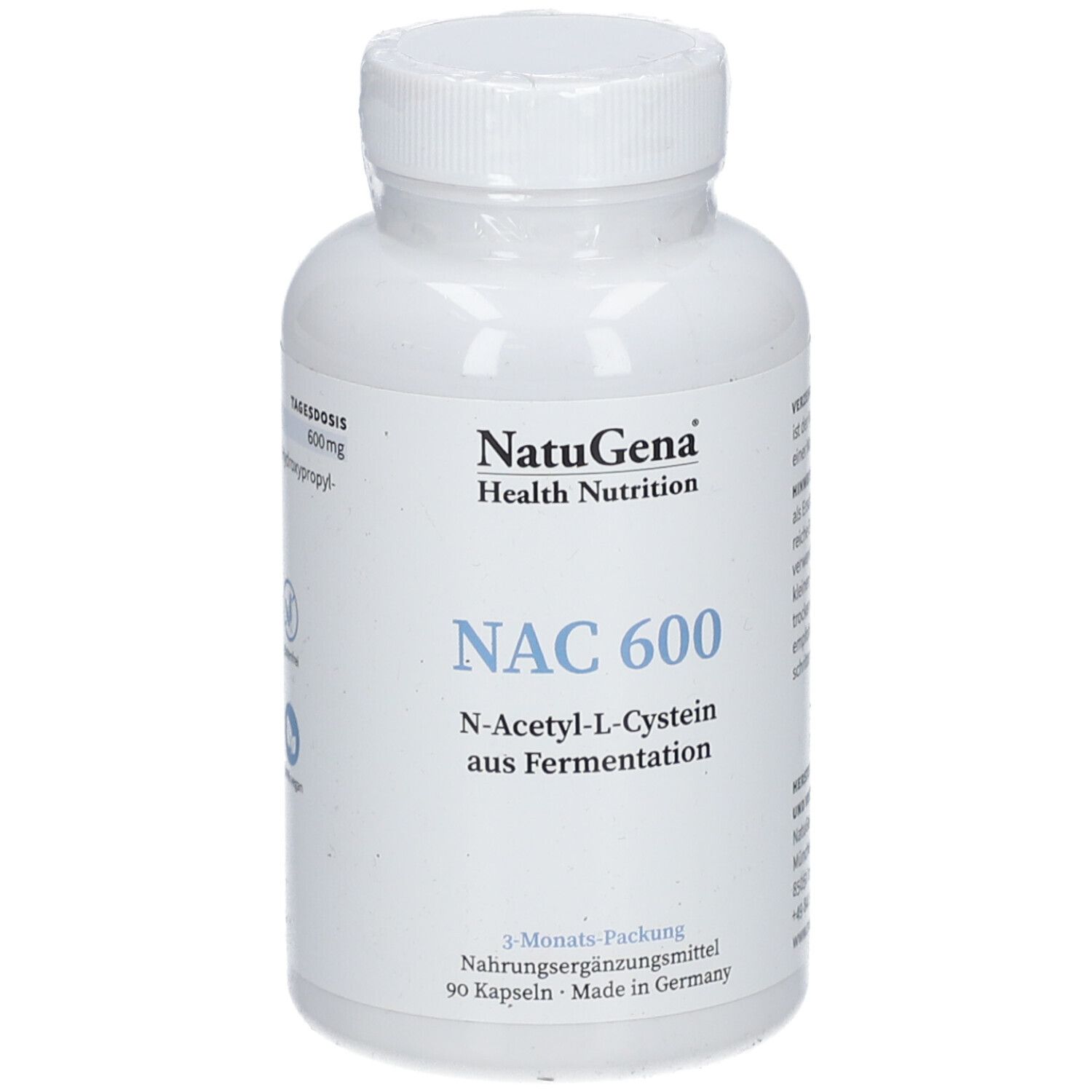 Weiße Flasche mit NAC 600-Kapseln. Aufschrift: NatuGena Health Nutrition, NAC 600, N-Acetyl-L-Cystein. 90 Kapseln.