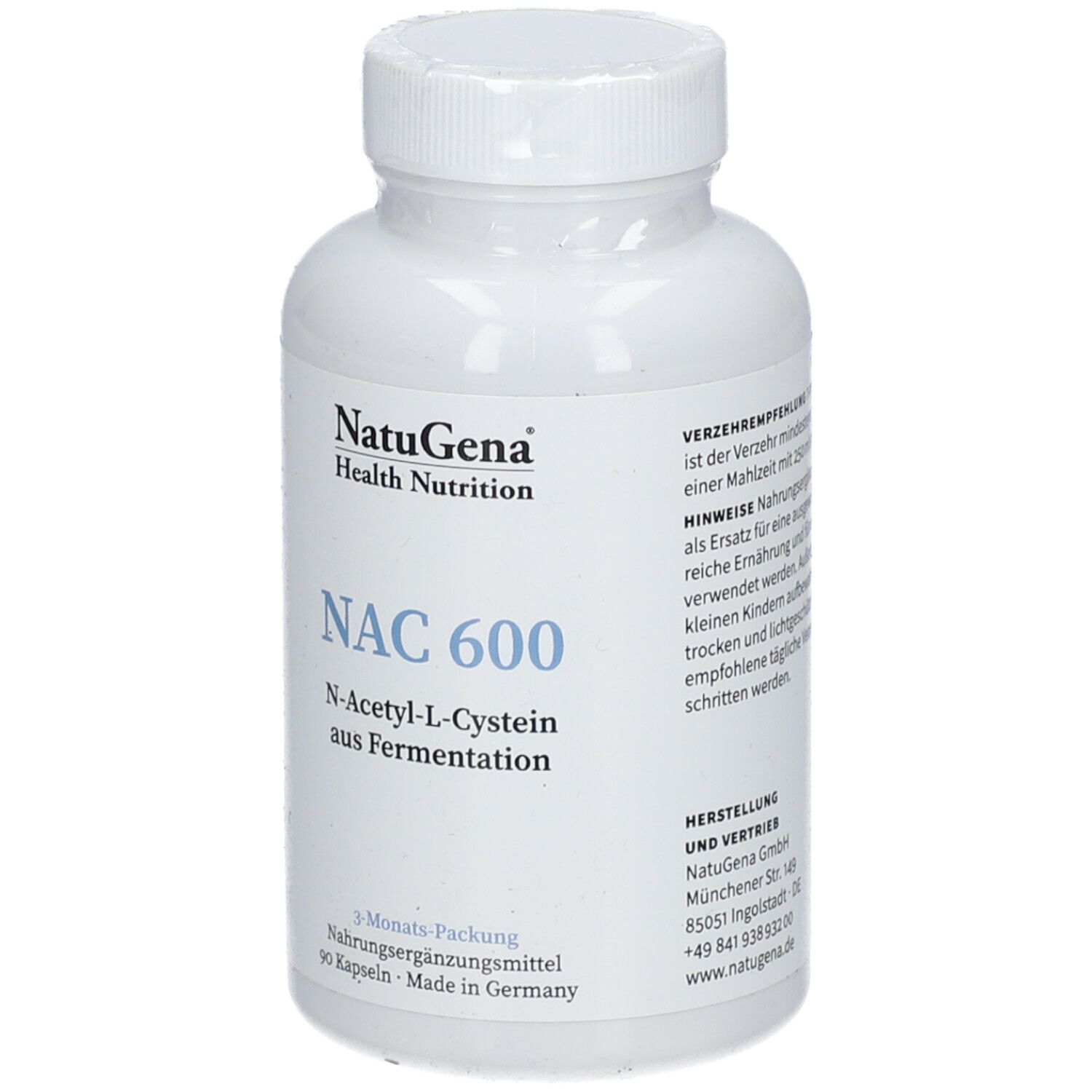 Weiße Flasche mit NAC 600-Kapseln. Aufschrift: NatuGena Health Nutrition, NAC 600, N-Acetyl-L-Cystein. 90 Kapseln.