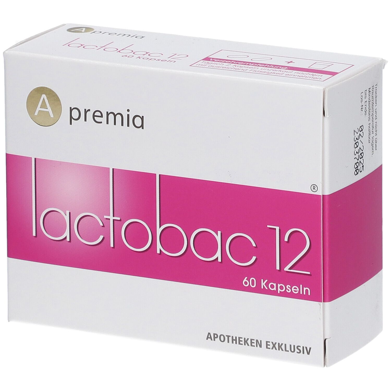 Weißer Karton mit rosa Streifen. Aufschrift: Apremia lactobac 12, 60 Kapseln. Apotheken exklusiv.
