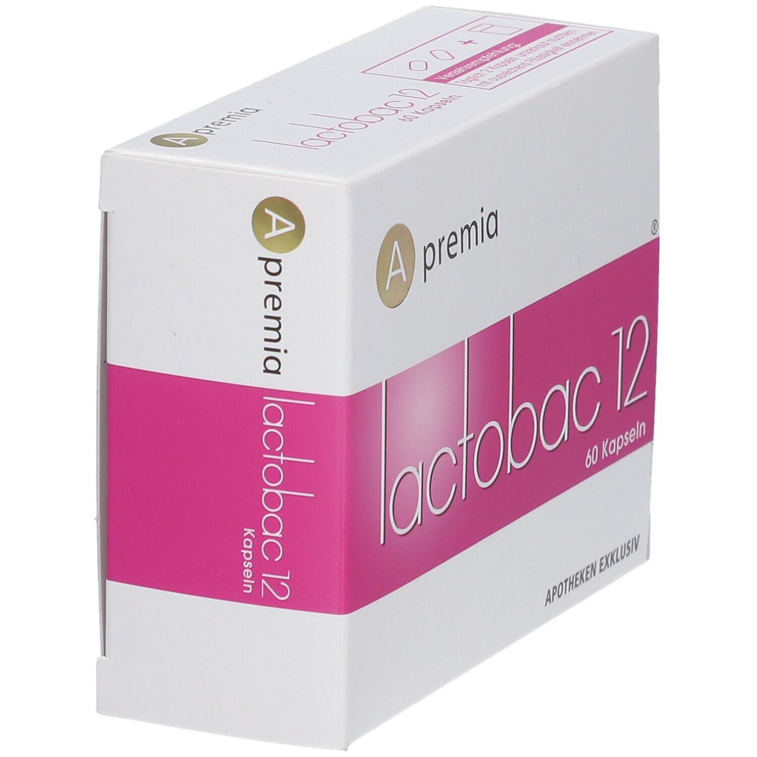 Weißer Karton, Apremia lactobac 12, 60 Kapseln. Rosa Streifen. Apotheken exklusiv.