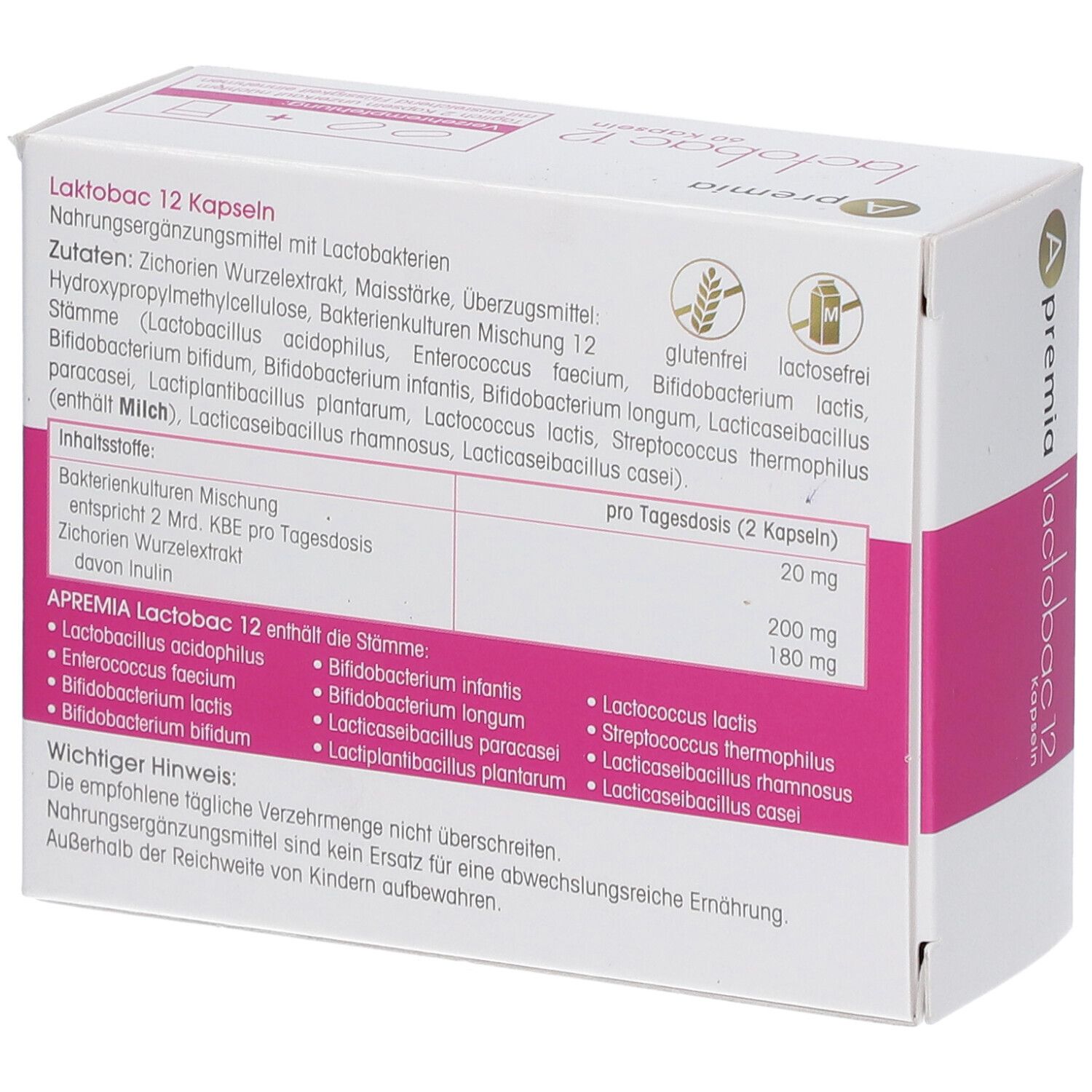 Rückseite der Apremia lactobac 12 Verpackung. Inhaltsstoffe, Nährwertangaben, glutenfrei, laktosefrei.