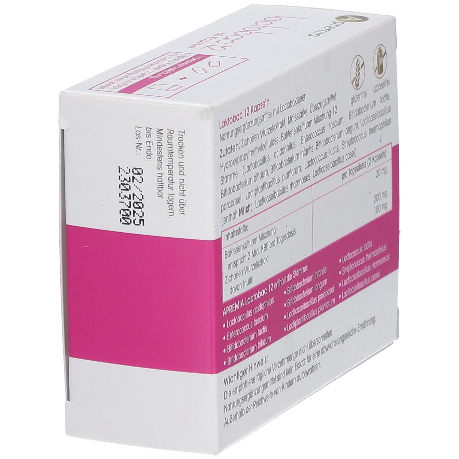 Rückseite der Apremia lactobac 12 Verpackung. Inhaltsstoffe, Nährwertangaben, glutenfrei, laktosefrei.