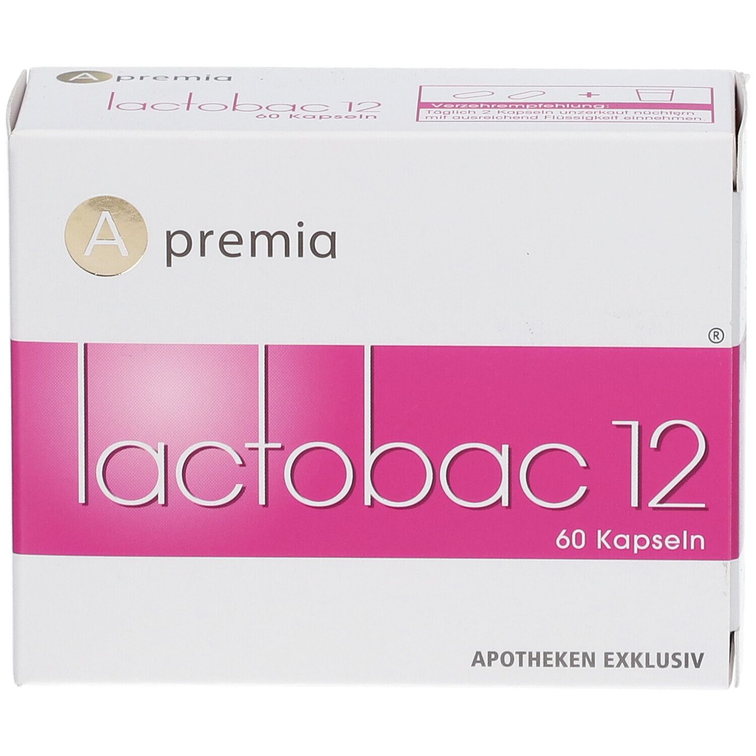 Apremia lactobac 12, 60 Kapseln. Weißer Karton mit rosa Streifen. Apotheken exklusiv.