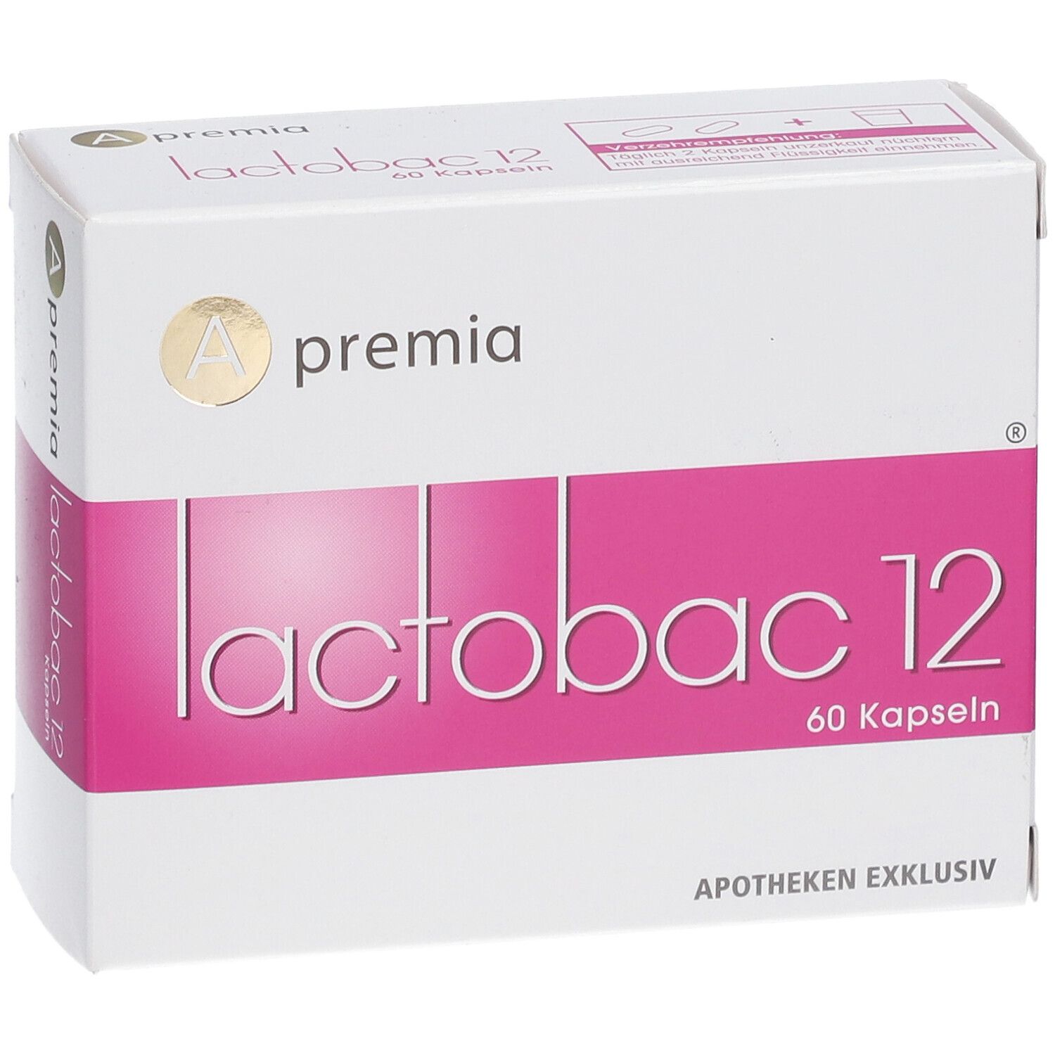 Apremia lactobac 12, 60 Kapseln. Weißer Karton. Apotheken exklusiv.