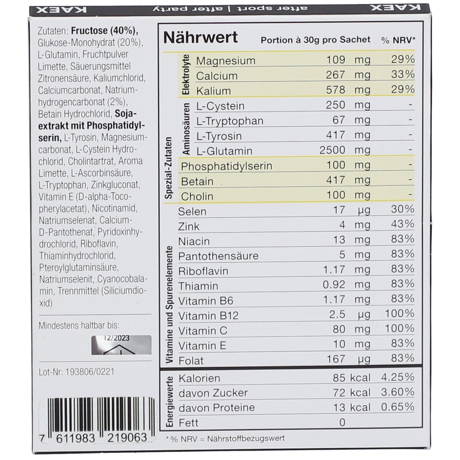 Nährwerttabelle auf weißem Hintergrund. Enthält Informationen zu Elektrolyten, Aminosäuren, Vitaminen und Mineralstoffen. Text in deutscher Sprache.