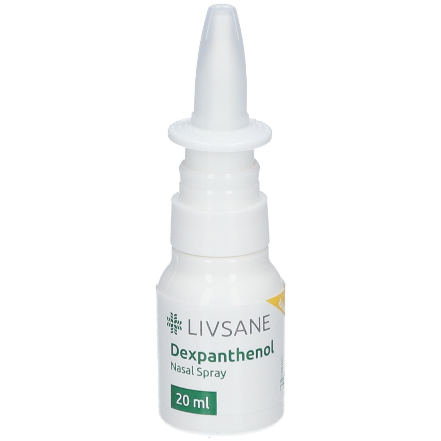 Weiße Nasenspray-Flasche mit Sprühkopf. Beschriftung: LIVSANE Dexpanthenol Nasal Spray, 20 ml.