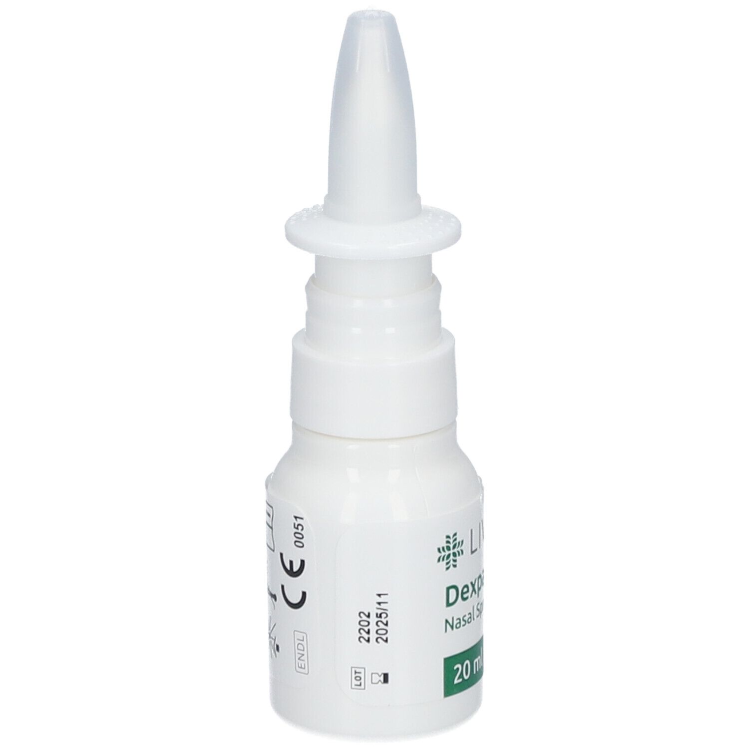 Weiße Nasenspray-Flasche mit Sprühkopf. Beschriftung: LIVSANE Dexpanthenol Nasal Spray, 20 ml. Mit CE-Kennzeichnung.