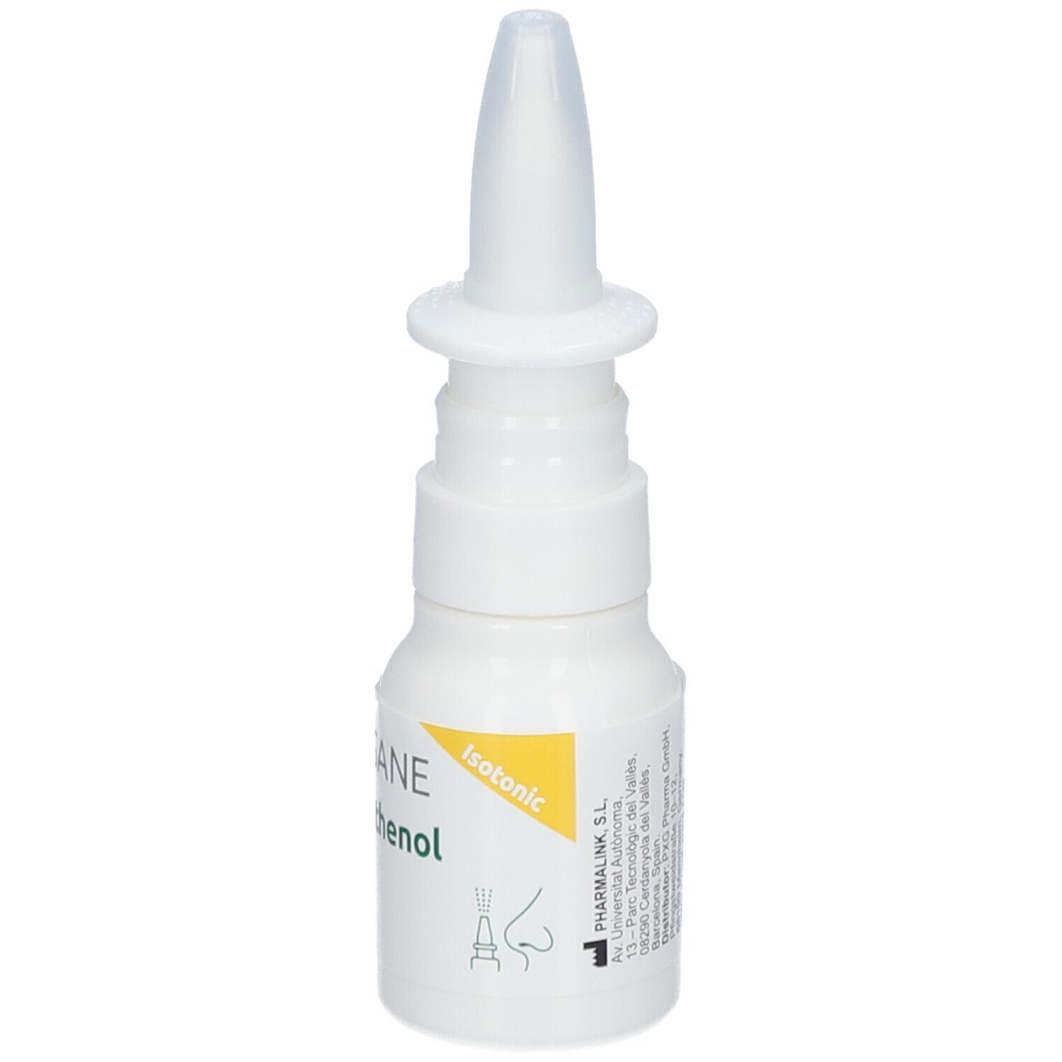 Weiße Nasenspray-Flasche mit Sprühkopf. Beschriftung: LIVSANE, Dexpanthenol, isotonisch. Mit Piktogramm.