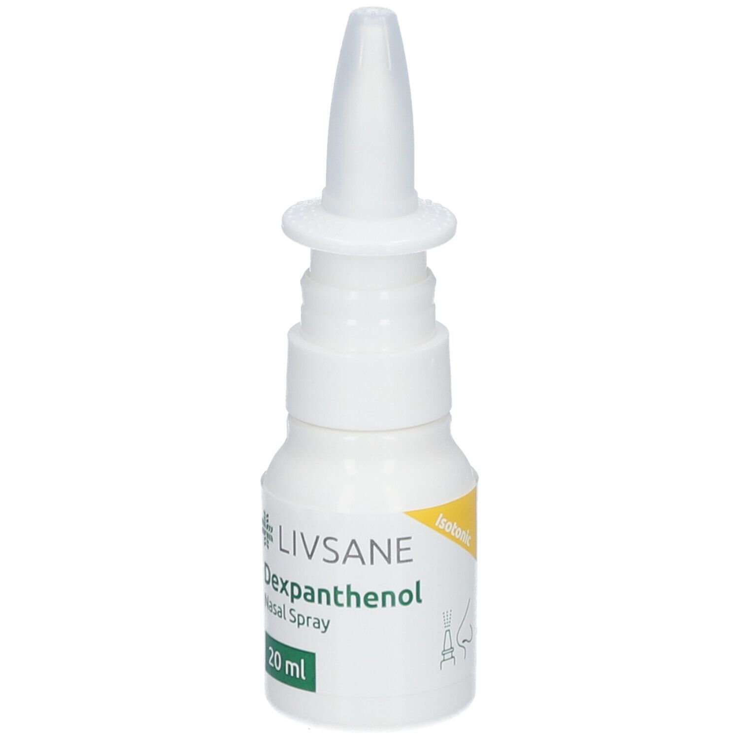 Weiße Nasenspray-Flasche mit Sprühkopf. Beschriftung: LIVSANE, Dexpanthenol, Nasal Spray, 20 ml. Mit Piktogramm.