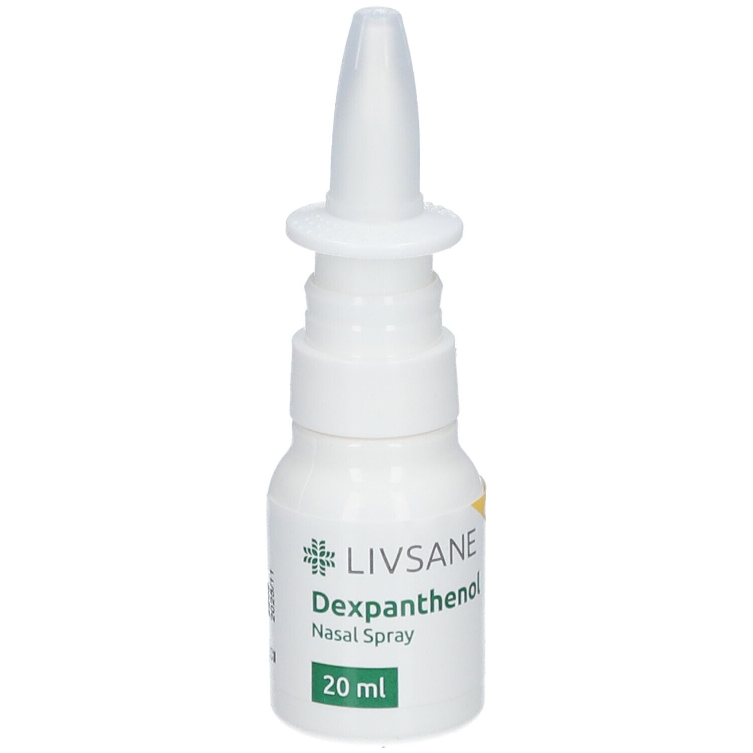 Weiße Nasenspray-Flasche mit Sprühkopf. Beschriftung: LIVSANE, Dexpanthenol, Nasal Spray, 20 ml.