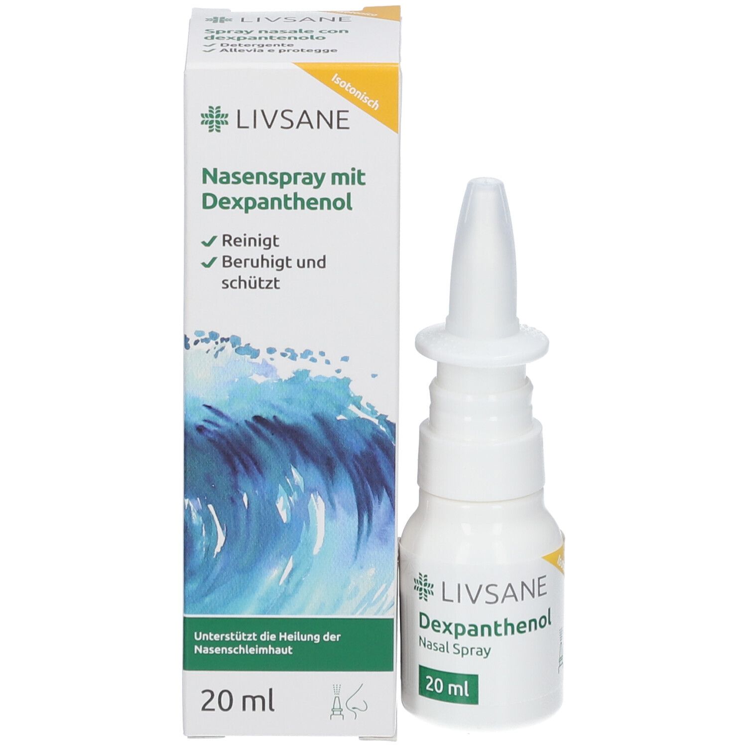 Nasenspray-Flasche und Verpackung. Verpackung mit Wellenmotiv. Beschriftung: LIVSANE Nasenspray mit Dexpanthenol, 20 ml.