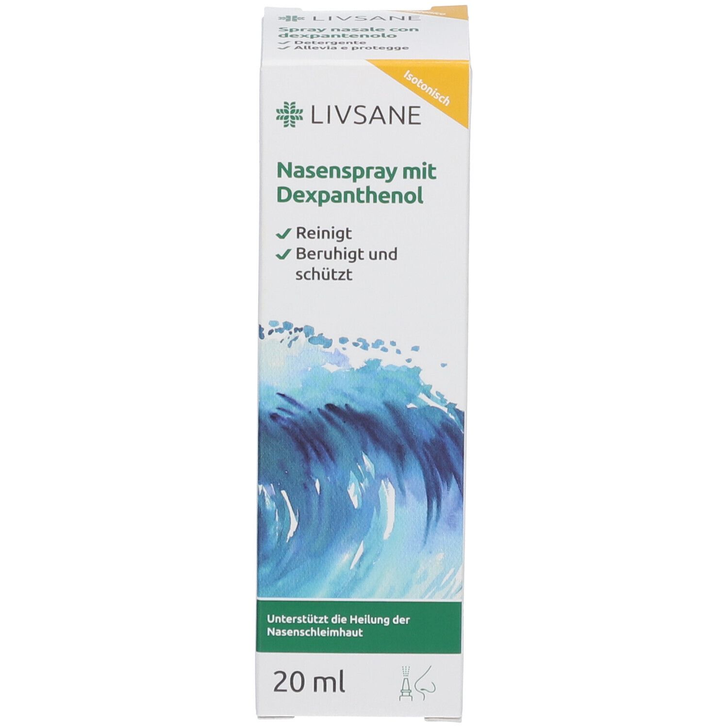 Verpackung mit Wellenmotiv. Beschriftung: LIVSANE Nasenspray mit Dexpanthenol, 20 ml. Text: Reinigt, beruhigt und schützt.