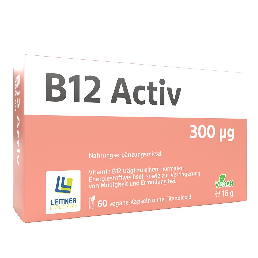 B12 Activ-Verpackung. Enthält 300 µg. Vegan-Siegel. 60 Kapseln. Marke: LEITNER LIFECare.