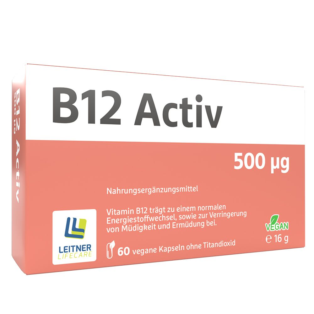 B12 Activ 500 µg-Verpackung. Rote und weiße Schachtel mit Produktnamen, Dosierung und Herstellerlogo. Vegan-Siegel.