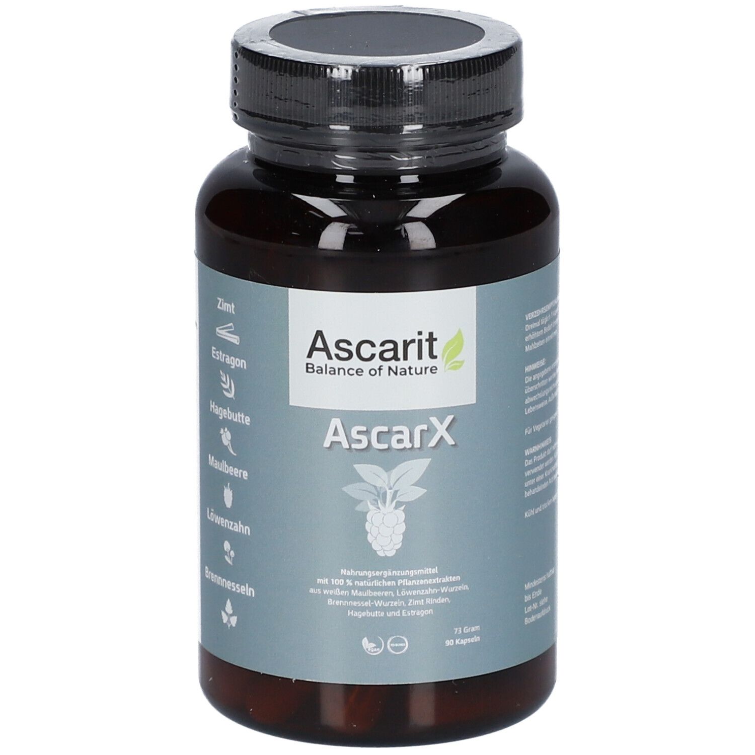 Braune Kapsel-Dose mit schwarzem Deckel. Aufschrift Ascarit AscarX. Zutaten-Liste und Logo.
