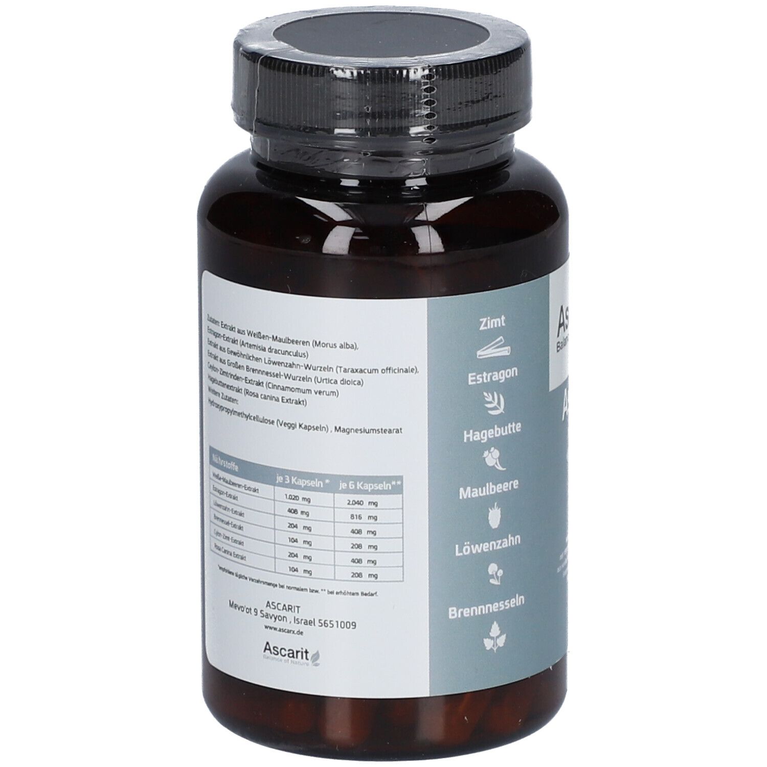 Braune Kapsel-Dose mit schwarzem Deckel. Aufschrift Ascarit AscarX. Zutaten-Liste und Logo.