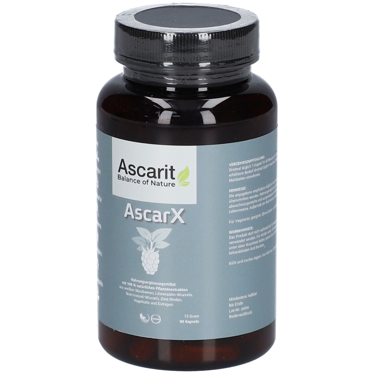 Braune Kapsel-Dose mit schwarzem Deckel. Aufschrift Ascarit AscarX. Zutaten-Liste und Logo.
