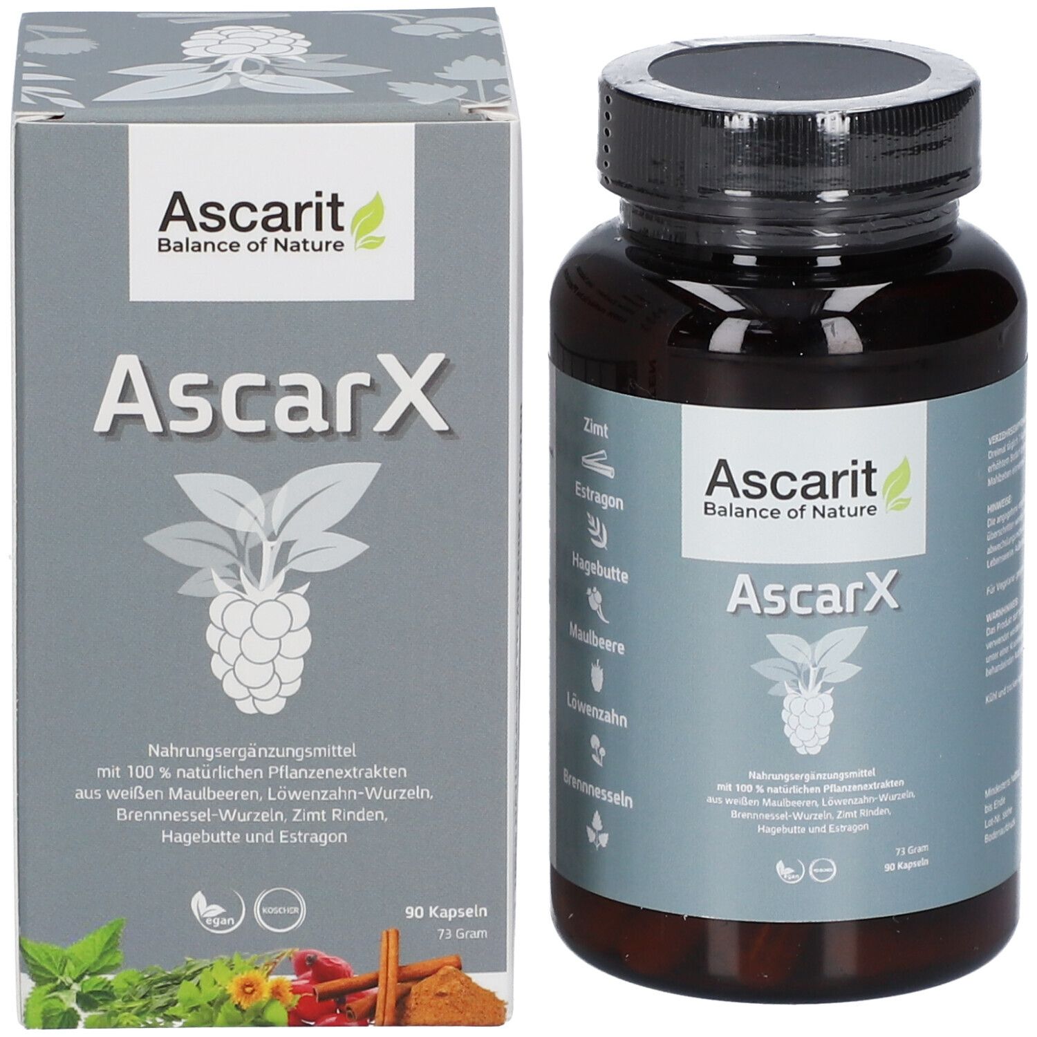 Ascarit AscarX-Dose und -Schachtel. Aufschrift Ascarit AscarX. 90 Kapseln. Zutaten-Liste und Logo.