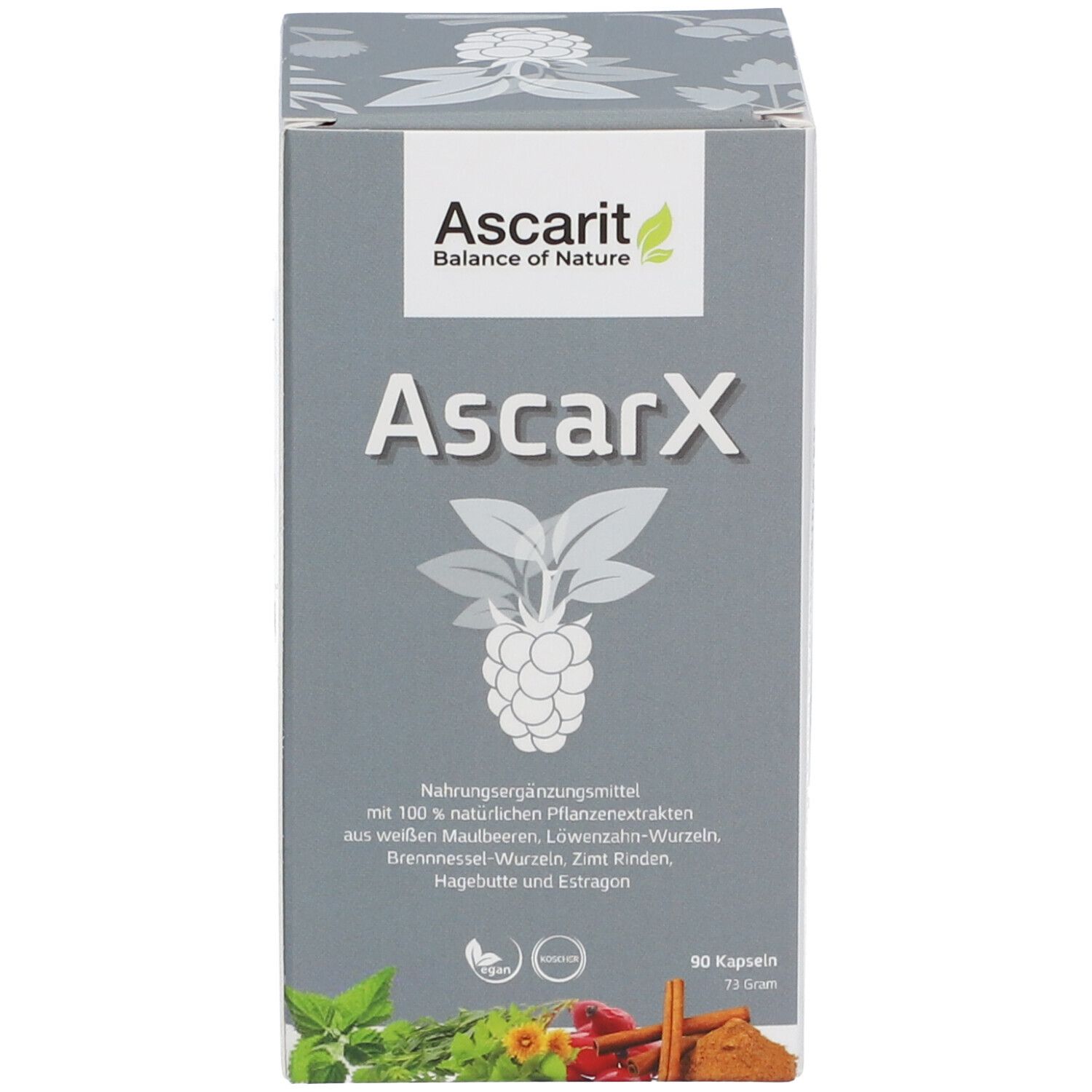 Ascarit AscarX-Schachtel. Aufschrift Ascarit AscarX. 90 Kapseln. Zutaten-Liste und Logo.