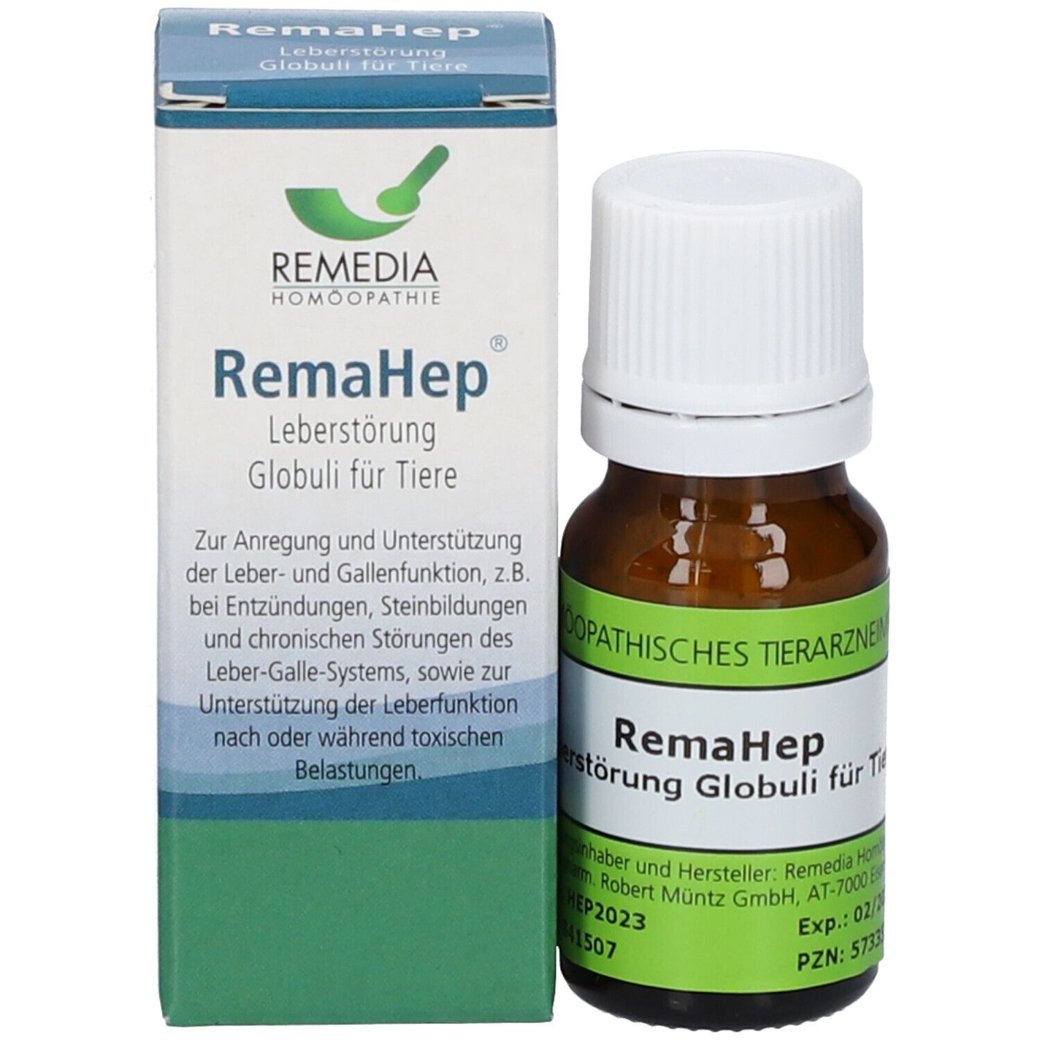 Braune Glasflasche und Schachtel. Schachtel mit Text: RemaHep Leberstörung Globuli für Tiere. Logo: Remedia Homöopathie.